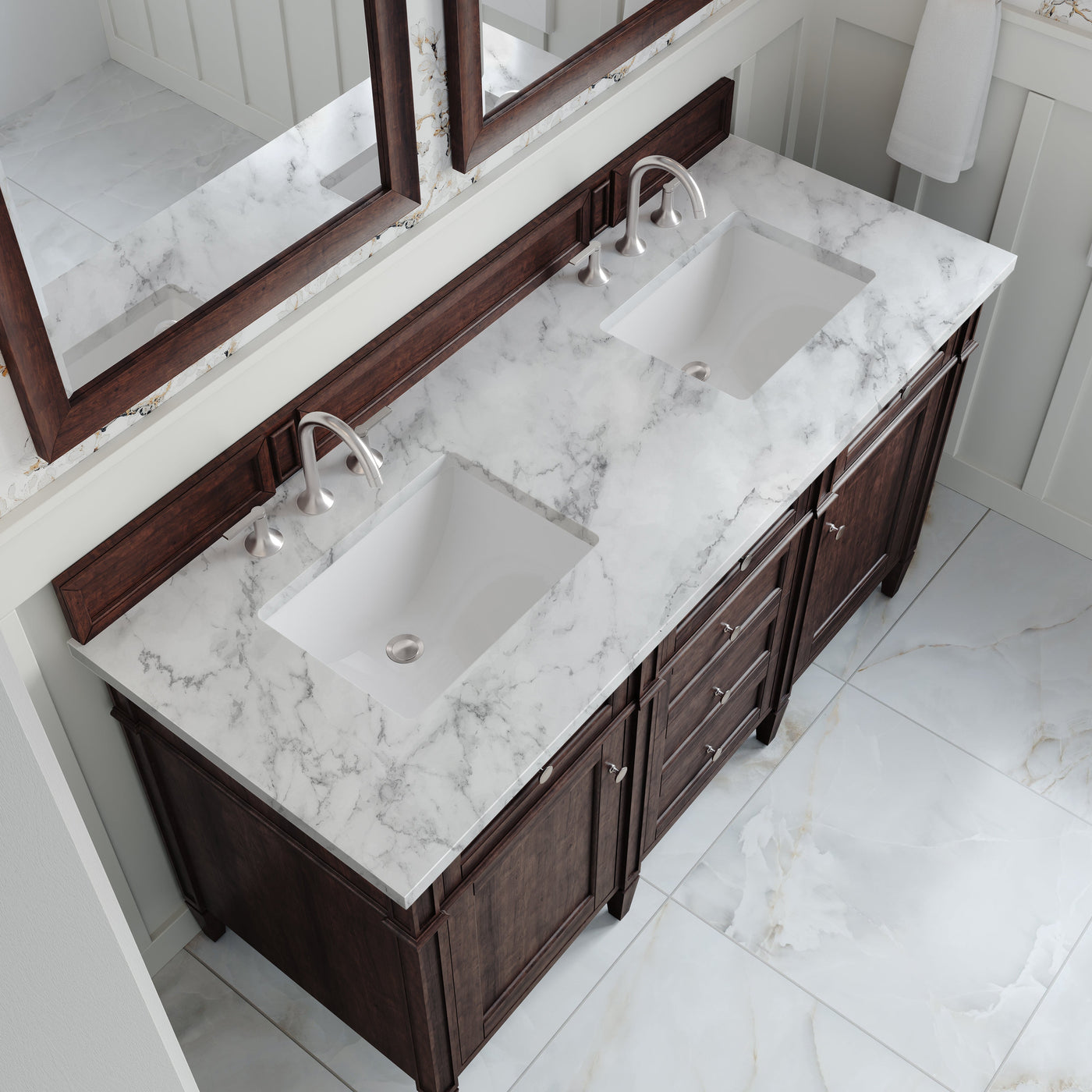 James Martin Brittany 60" Double Bathroom Vanity, Burnished Mahogany with Carrara White countertop