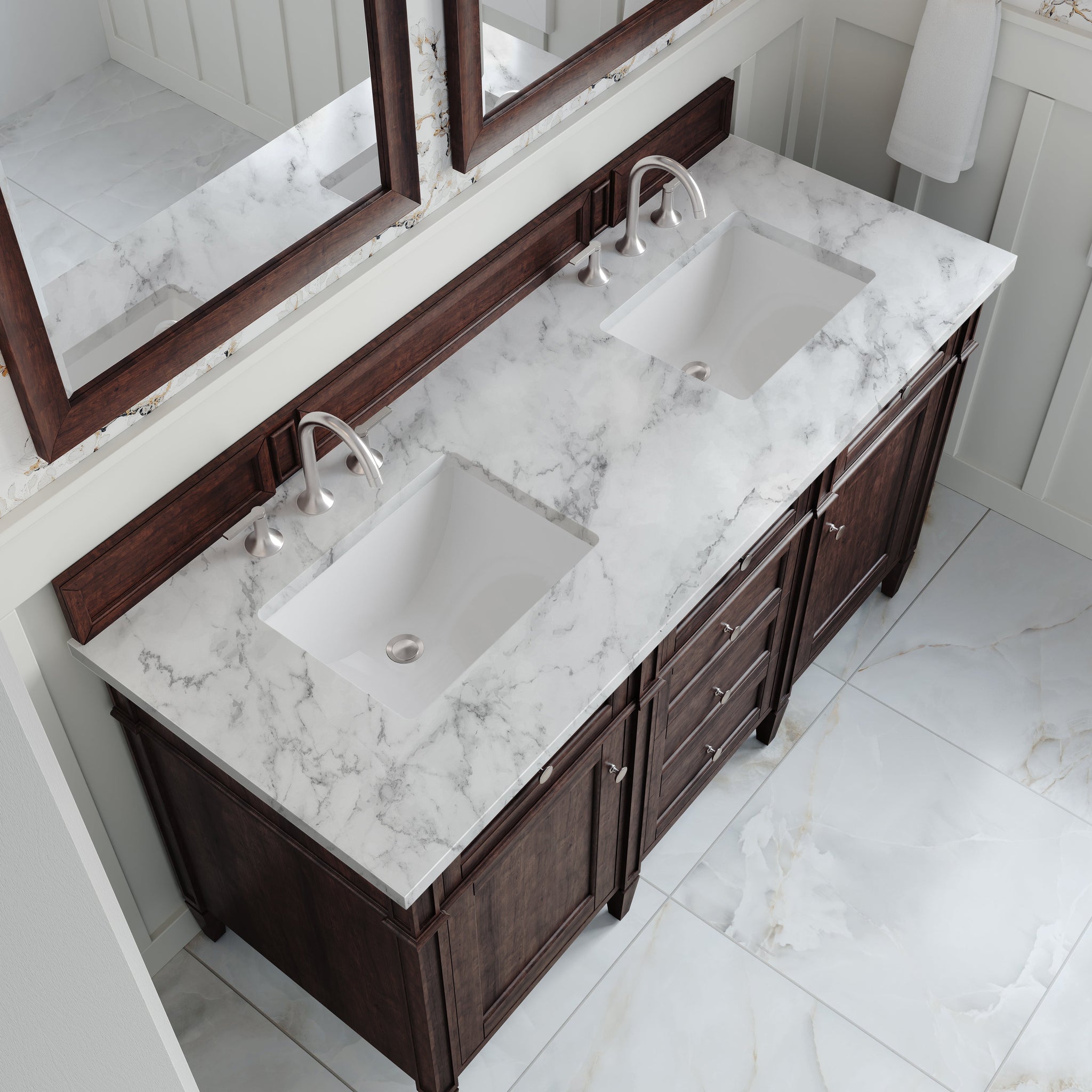 James Martin Brittany 60" Double Bathroom Vanity, Burnished Mahogany with Carrara White countertop