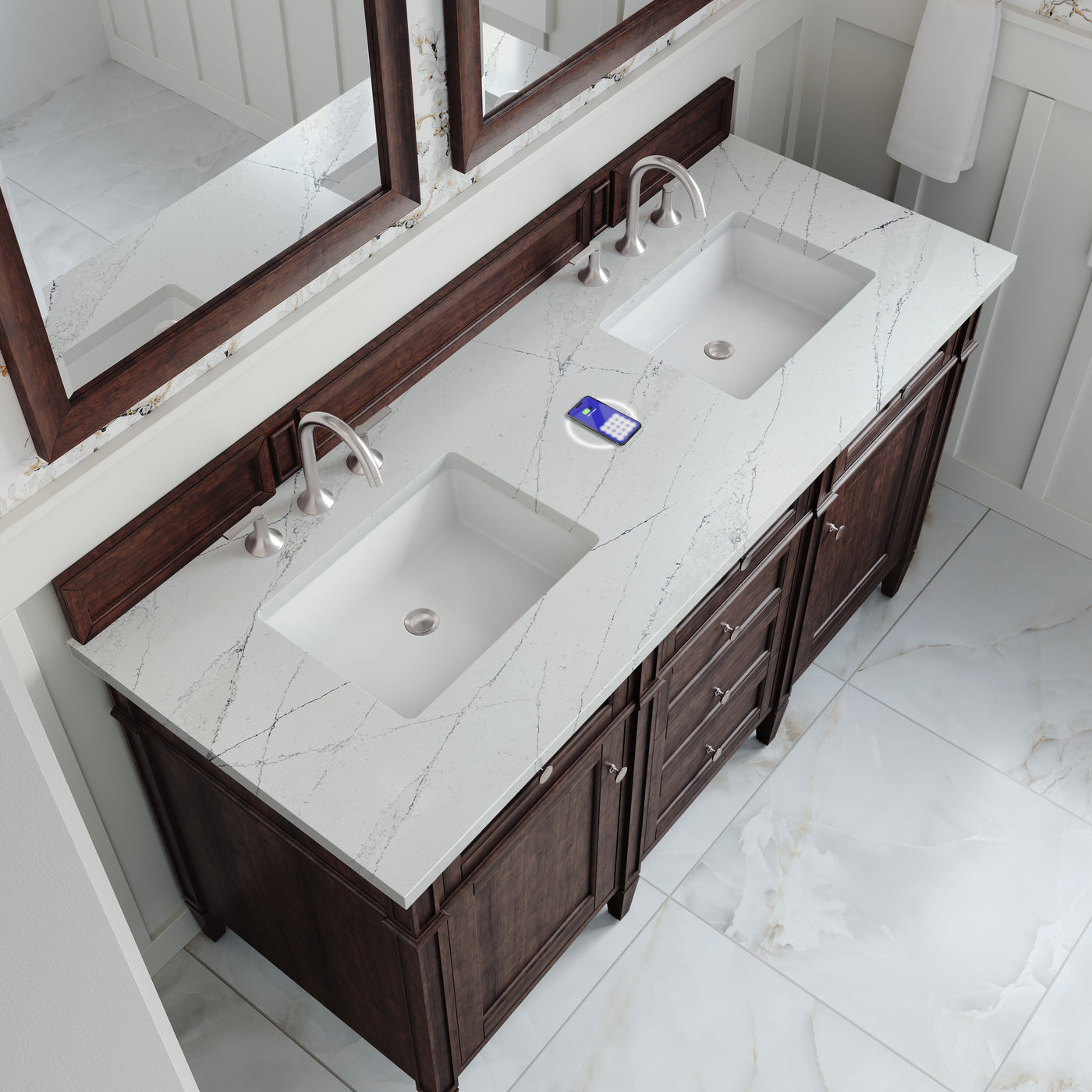 James Martin Brittany 60" Double Bathroom Vanity, Burnished Mahogany with Ethereal Noctis (FreePower) countertop
