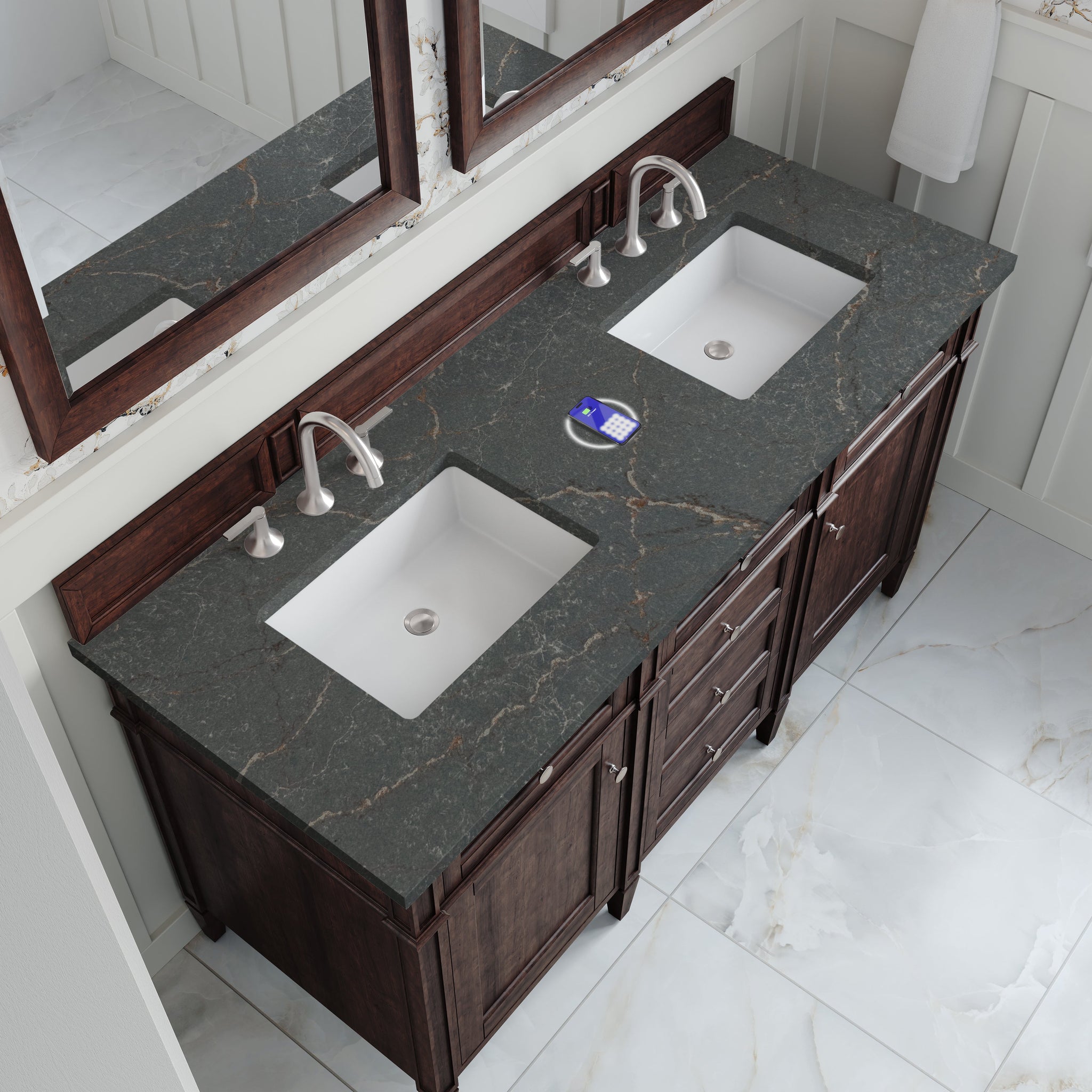 James Martin Brittany 60" Double Bathroom Vanity, Burnished Mahogany with Parisien Bleu (FreePower) countertop