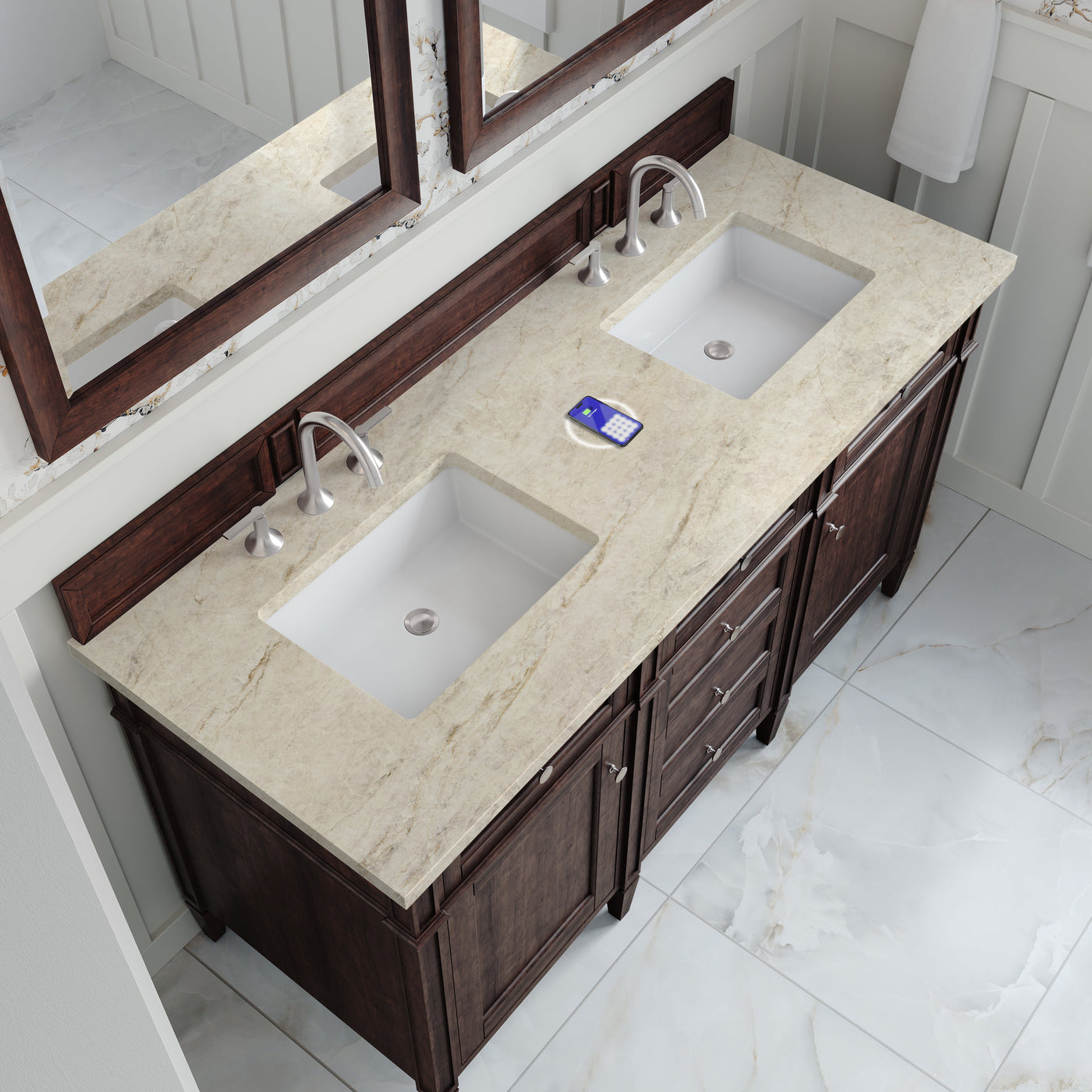 James Martin Brittany 60" Double Bathroom Vanity, Burnished Mahogany with Tajnar (FreePower) countertop