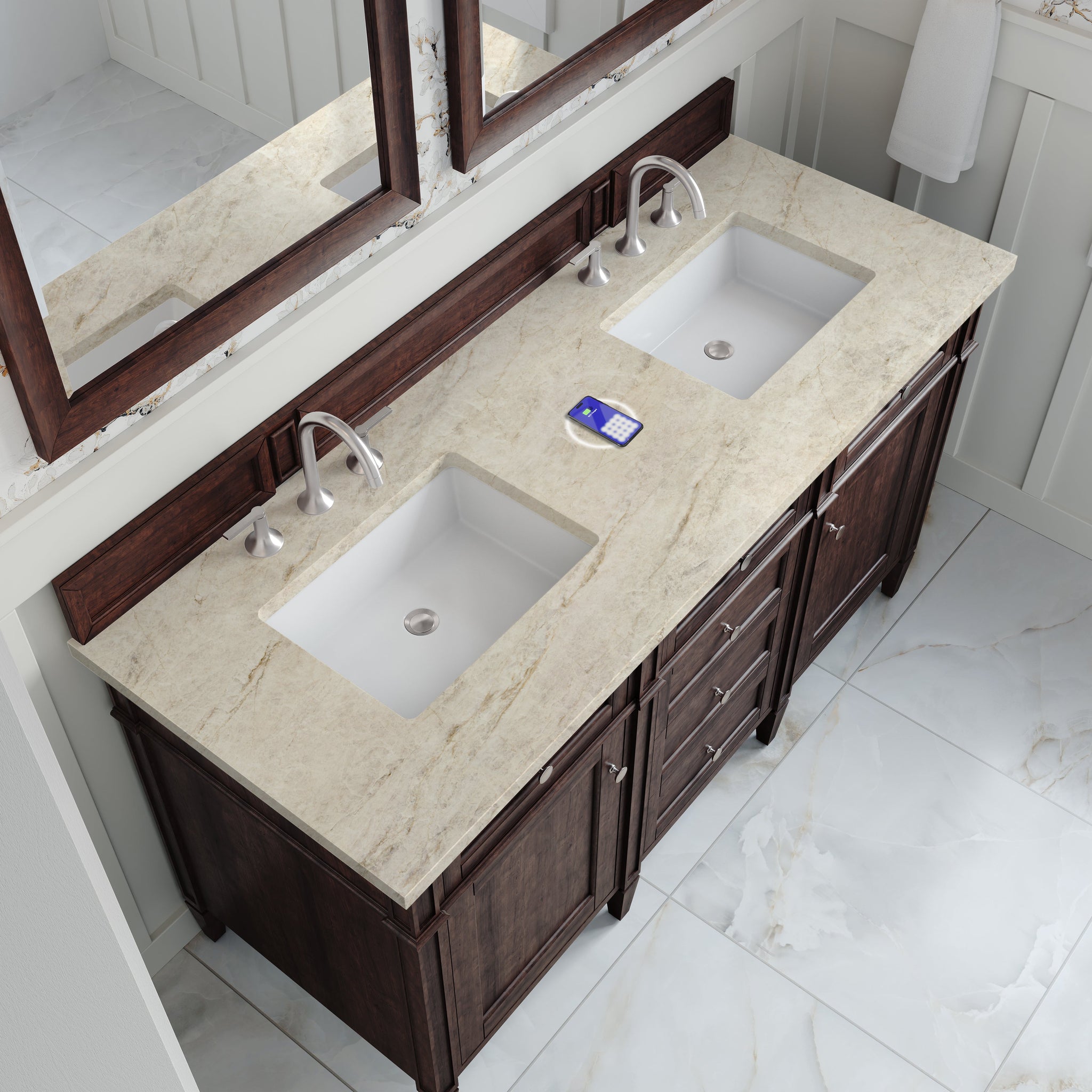 James Martin Brittany 60" Double Bathroom Vanity, Burnished Mahogany with Tajnar (FreePower) countertop