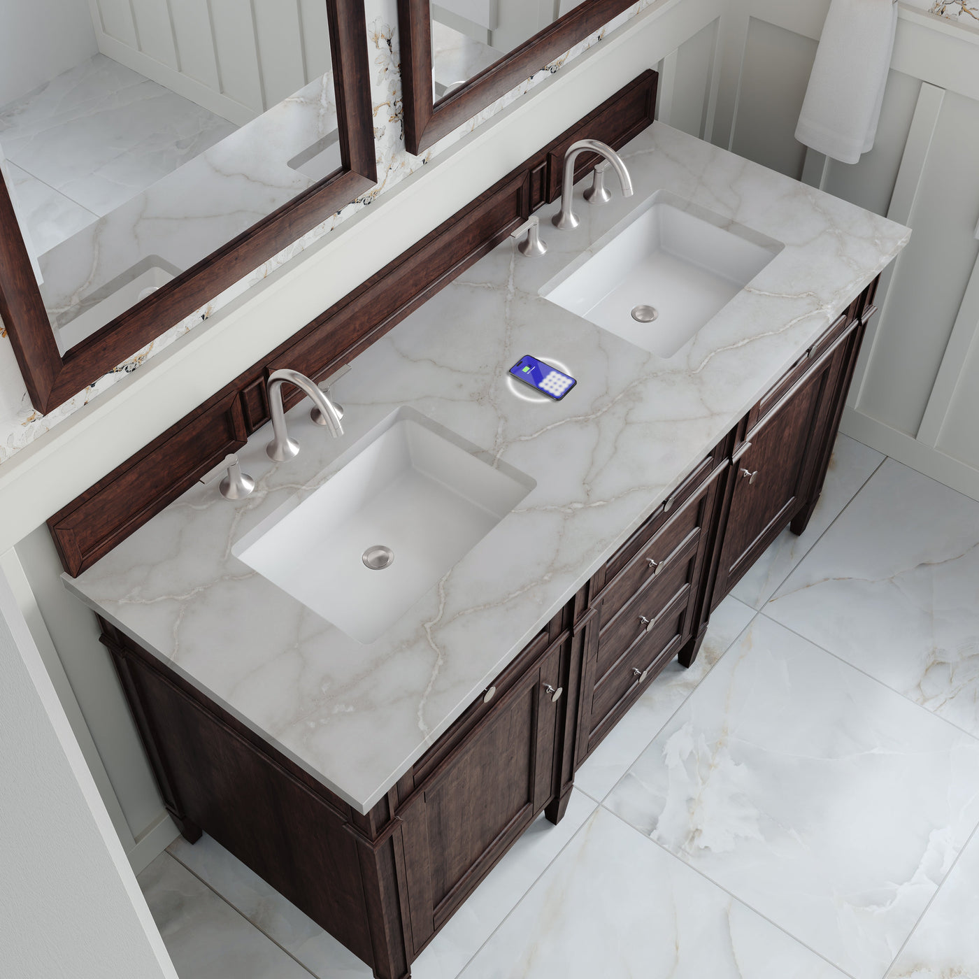 James Martin Brittany 60" Double Bathroom Vanity, Burnished Mahogany with Victorian Silver (FreePower) countertop