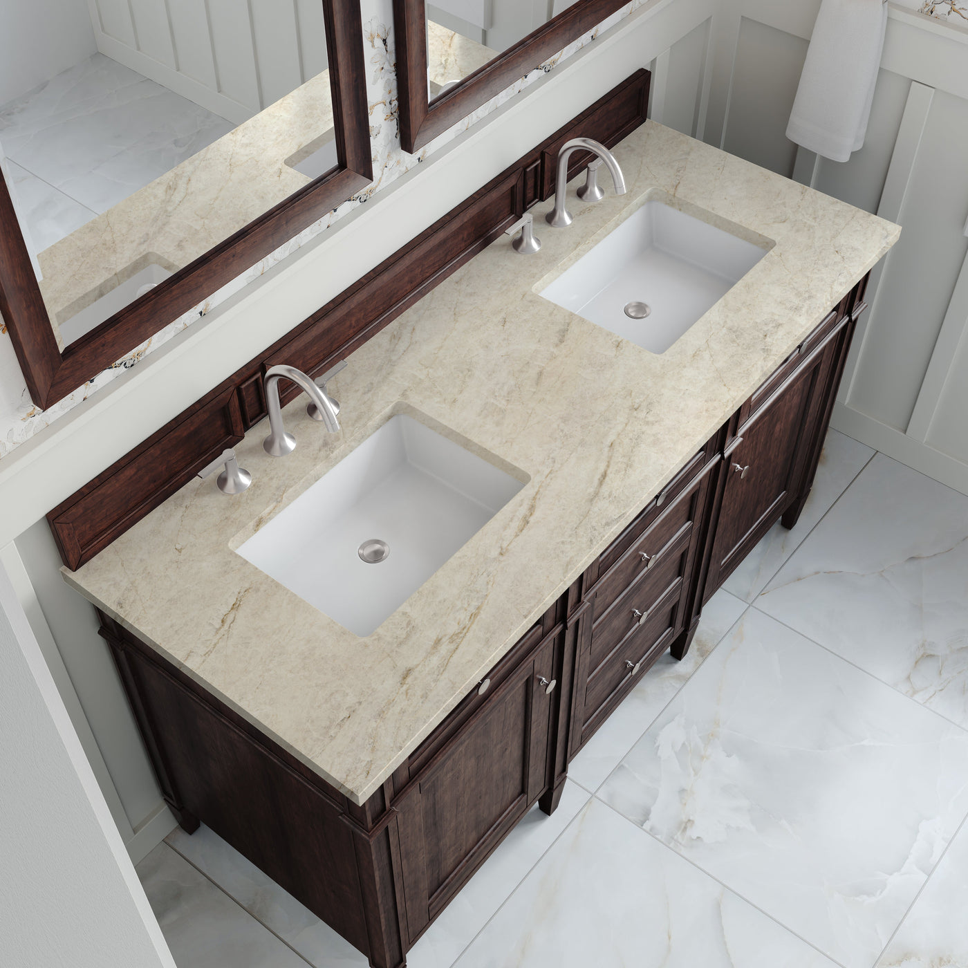 James Martin Brittany 60" Double Bathroom Vanity, Burnished Mahogany with Tajnar countertop