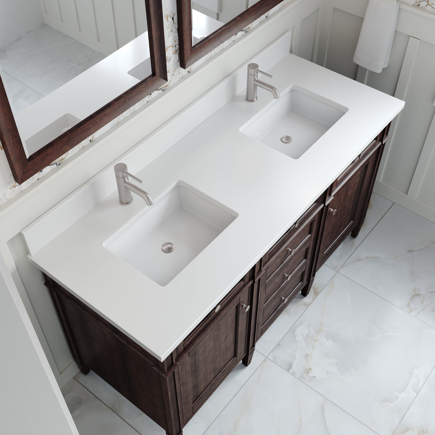 James Martin Brittany 60" Double Bathroom Vanity, Burnished Mahogany with White Zeus (Single Hole, with Backsplash) countertop
