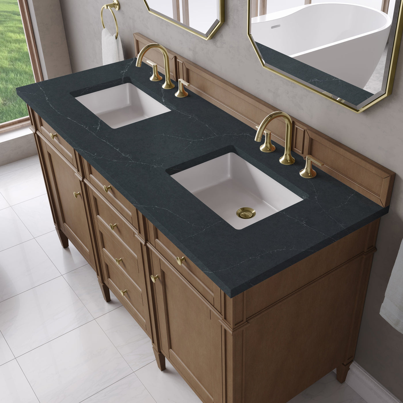 James Martin Brittany 60" Double Bathroom Vanity, Pecan with Charcoal Soapstone countertop