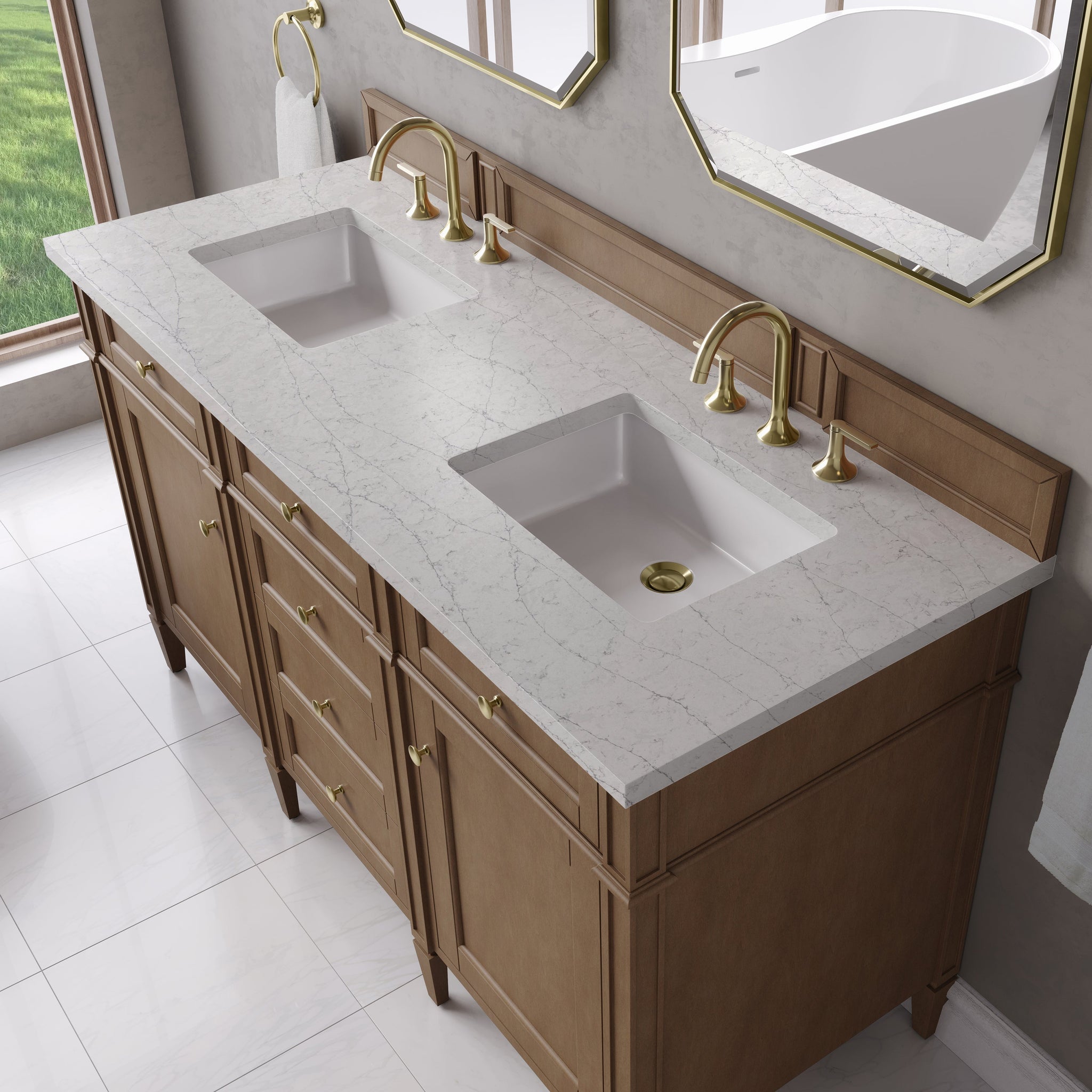 James Martin Brittany 60" Double Bathroom Vanity, Pecan with Eternal Jasmine Pearl countertop