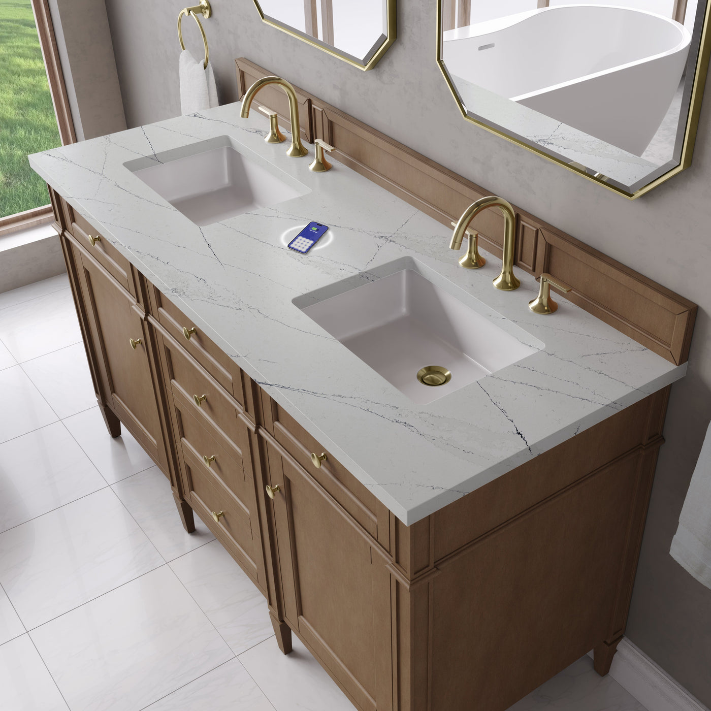 James Martin Brittany 60" Double Bathroom Vanity, Pecan with Ethereal Noctis (FreePower) countertop
