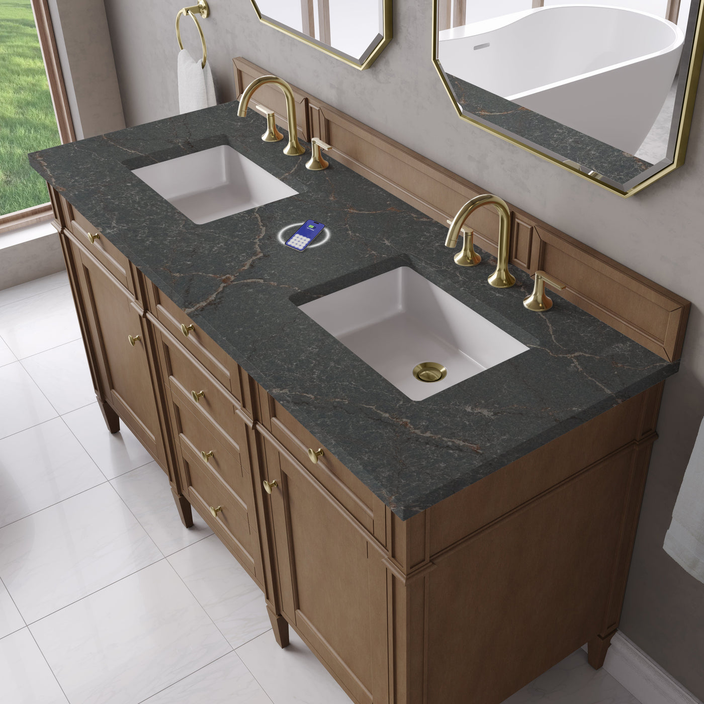 James Martin Brittany 60" Double Bathroom Vanity, Pecan with Parisien Bleu (FreePower) countertop