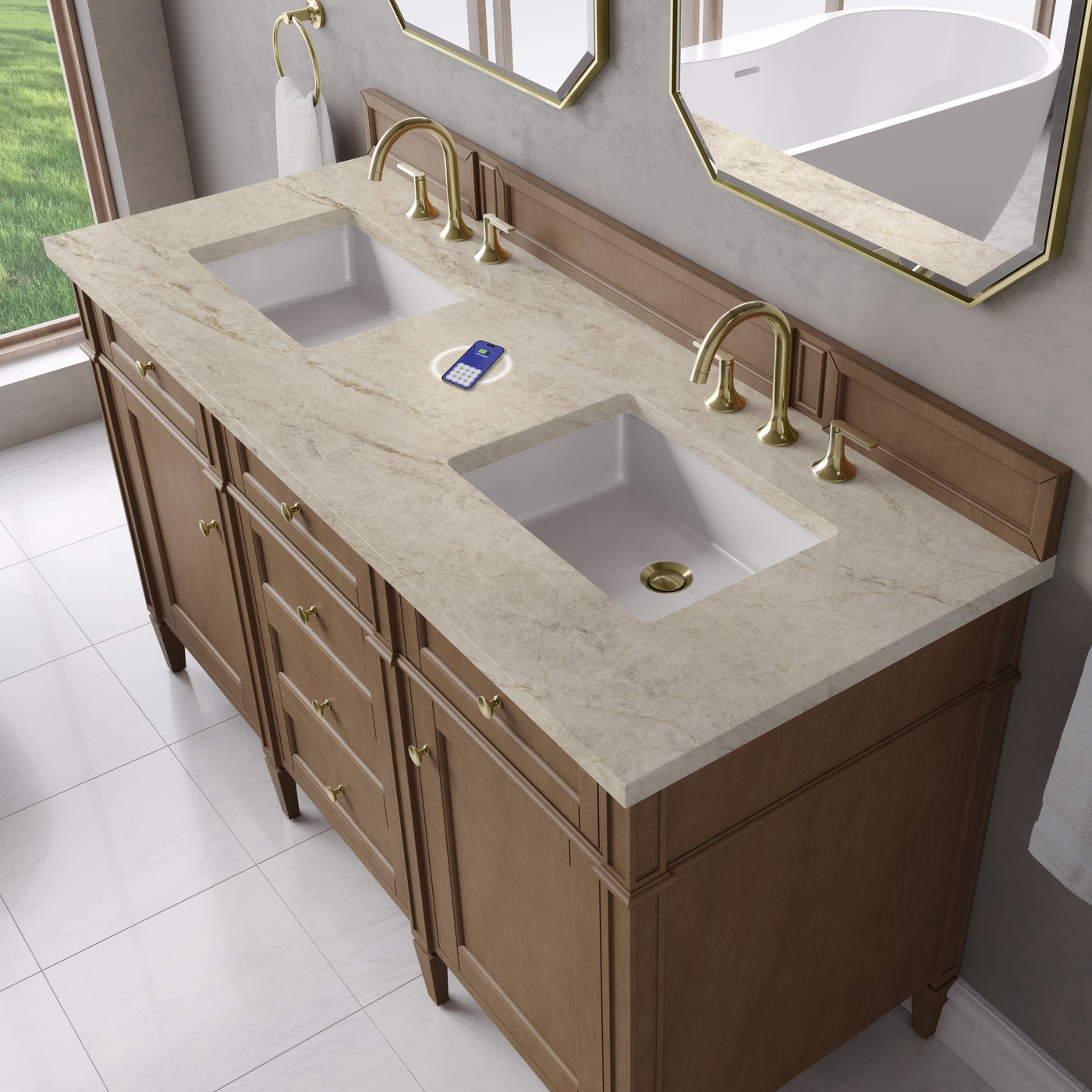 James Martin Brittany 60" Double Bathroom Vanity, Pecan with Tajnar (FreePower) countertop