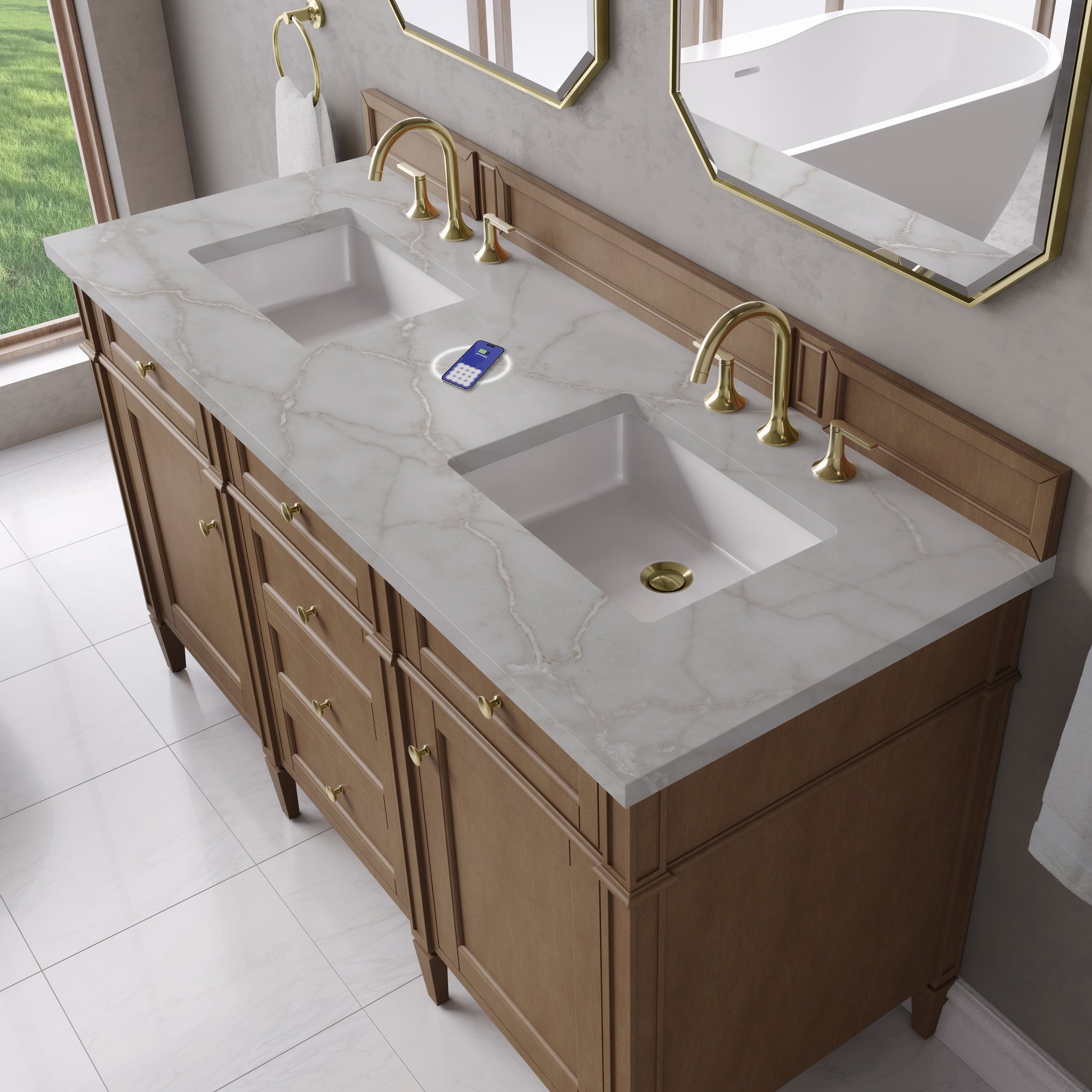 James Martin Brittany 60" Double Bathroom Vanity, Pecan with Victorian Silver (FreePower) countertop