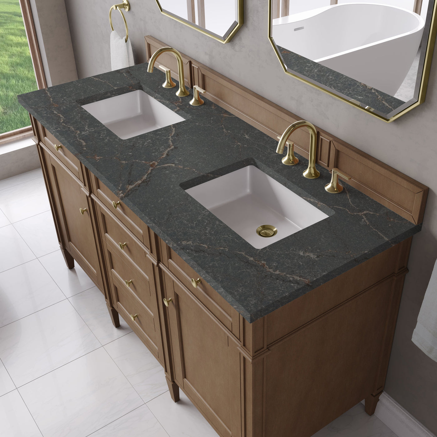 James Martin Brittany 60" Double Bathroom Vanity, Pecan with Parisien Bleu countertop