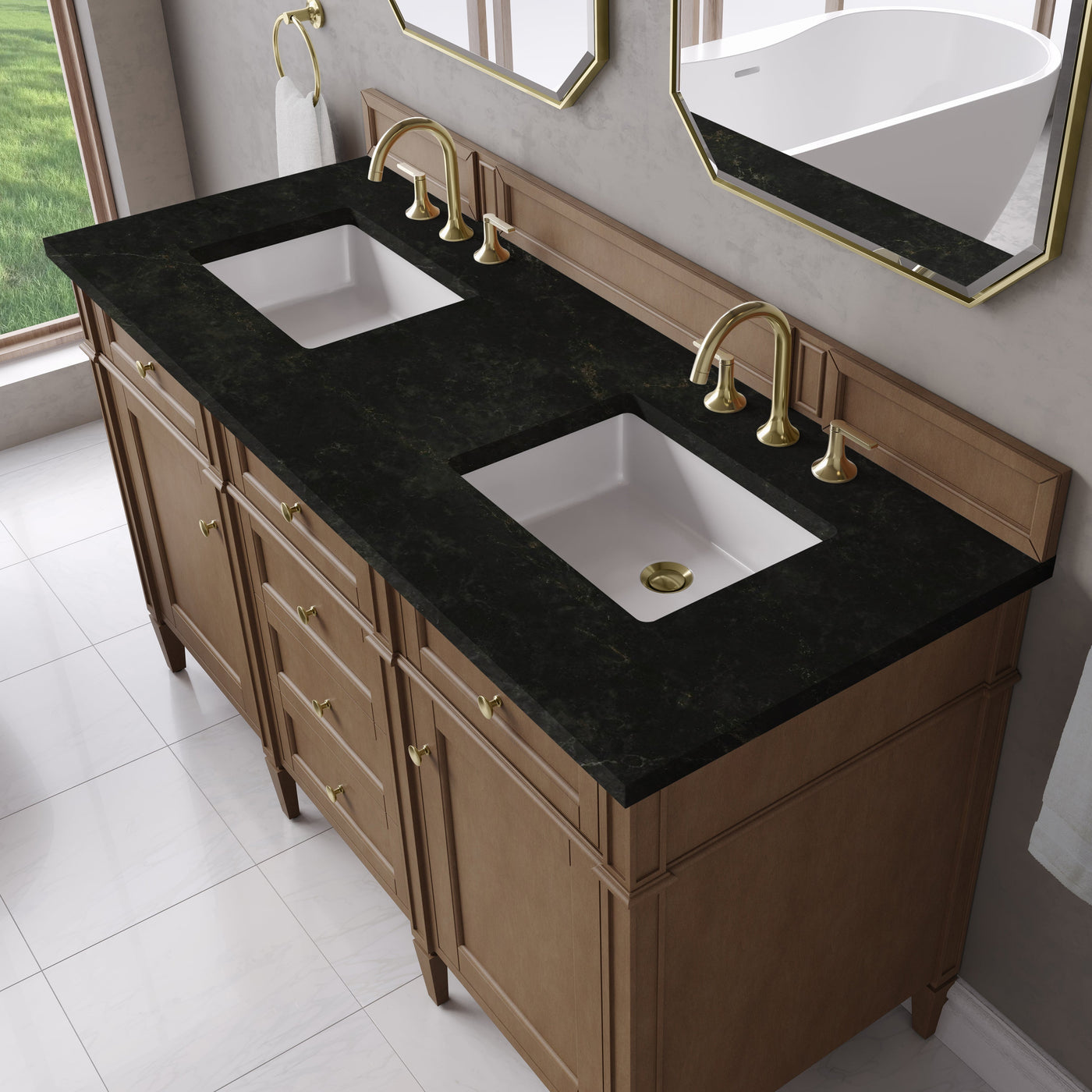 James Martin Brittany 60" Double Bathroom Vanity, Pecan with Phantome countertop