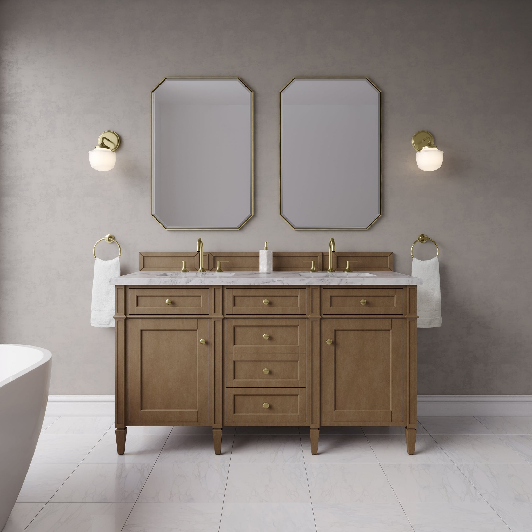James Martin Brittany 60" Double Bathroom Vanity, Pecan, cabinet without a countertop