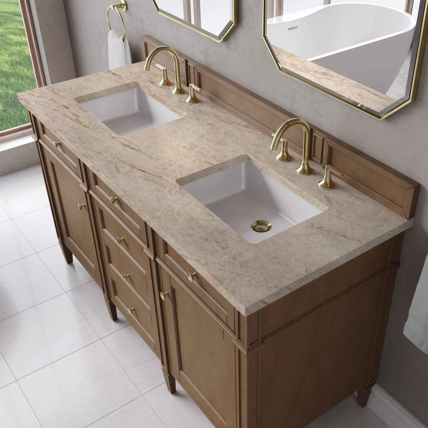 James Martin Brittany 60" Double Bathroom Vanity, Pecan with Tajnar countertop