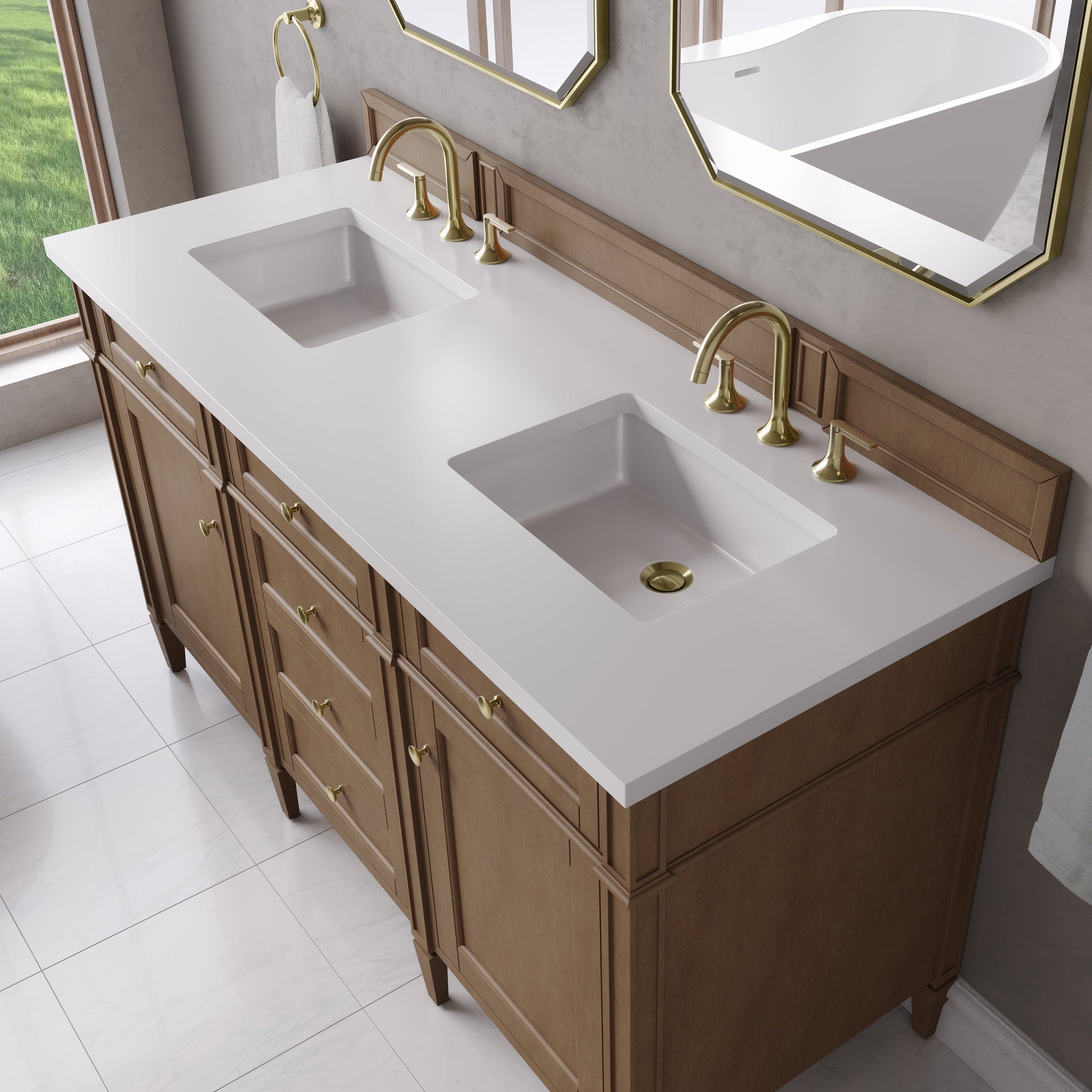 James Martin Brittany 60" Double Bathroom Vanity, Pecan with White Zeus countertop
