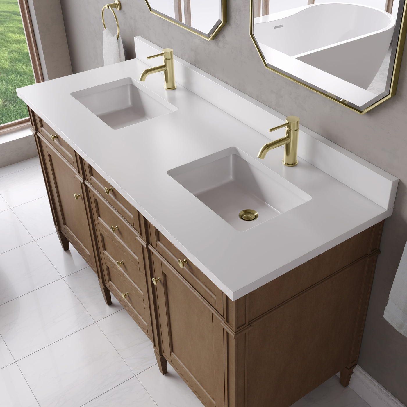 James Martin Brittany 60" Double Bathroom Vanity, Pecan with White Zeus (Single Hole) countertop