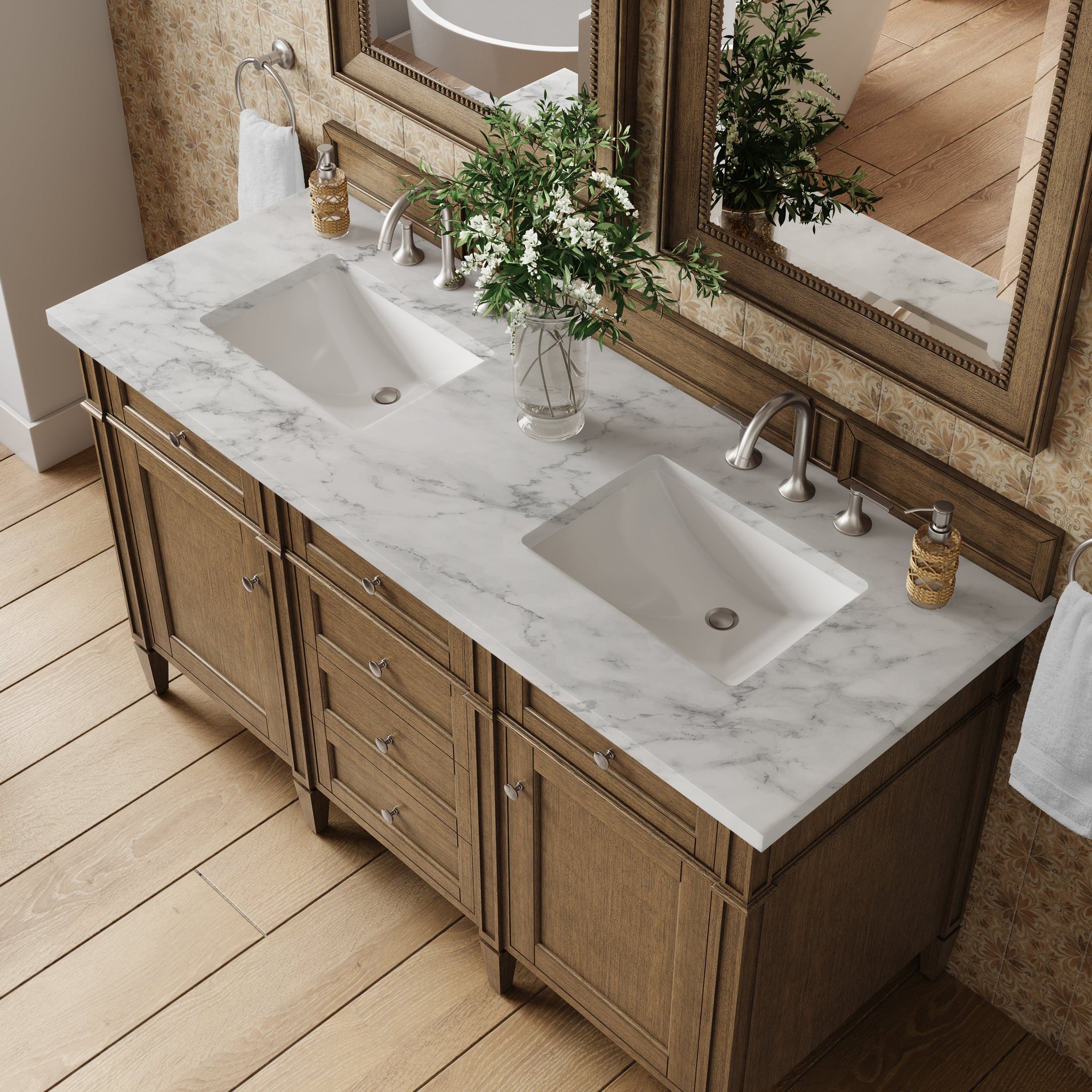 James Martin Brittany 60" Double Bathroom Vanity, Saddle Brown with Carrara White countertop