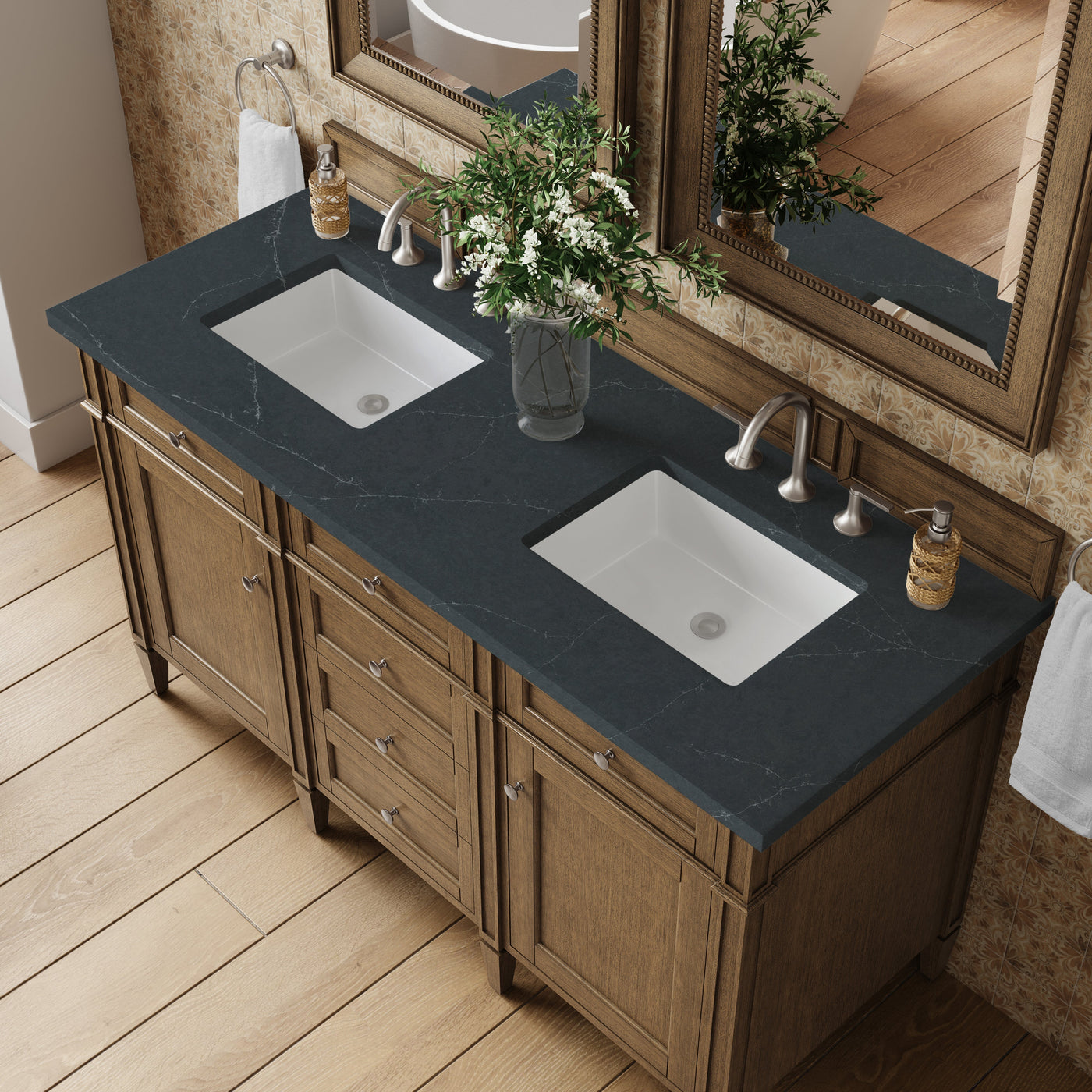 James Martin Brittany 60" Double Bathroom Vanity, Saddle Brown with Charcoal Soapstone countertop