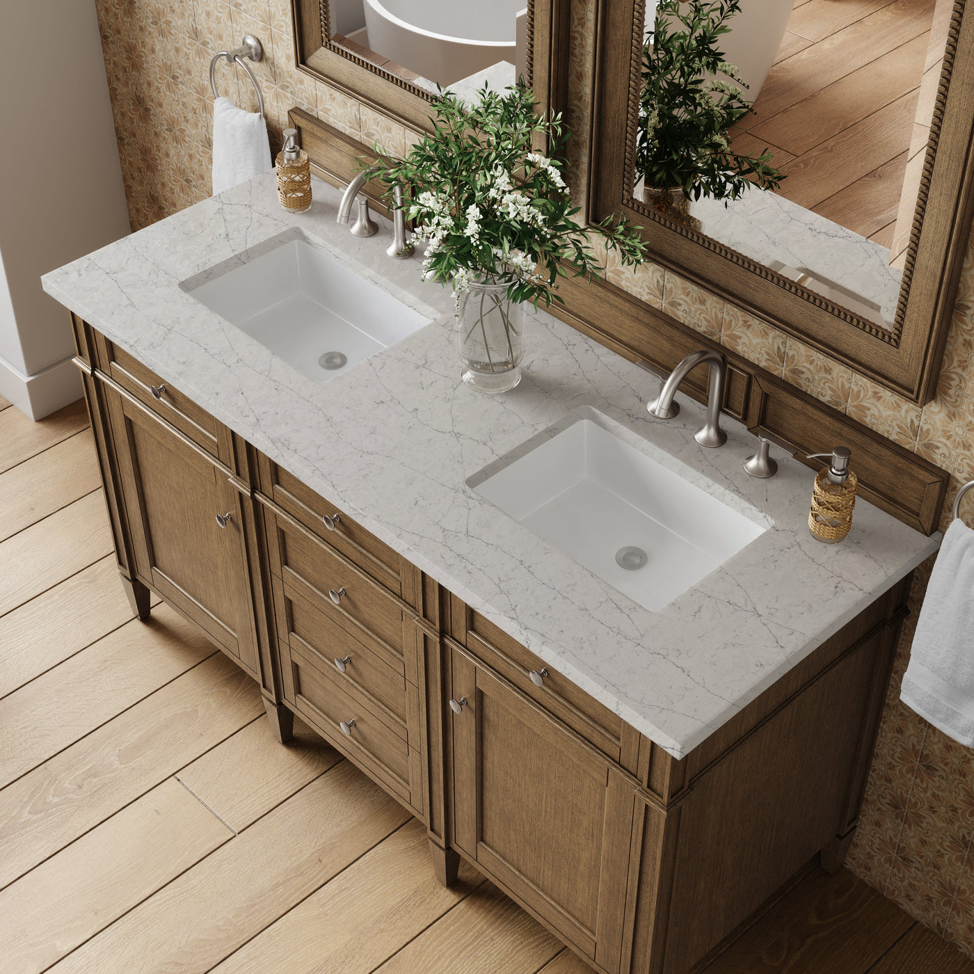 James Martin Brittany 60" Double Bathroom Vanity, Saddle Brown with Eternal Jasmine Pearl countertop