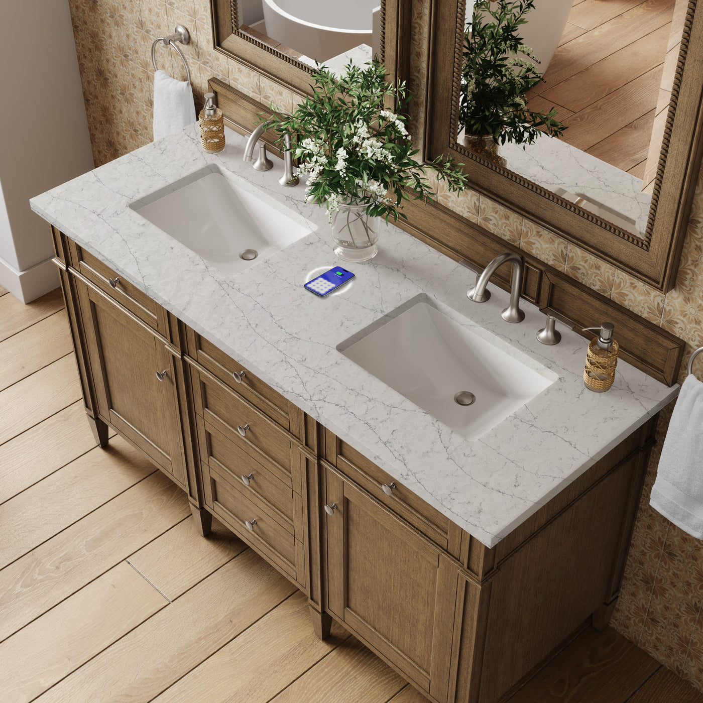 James Martin Brittany 60" Double Bathroom Vanity, Saddle Brown with Eternal Jasmine Pearl (FreePower) countertop