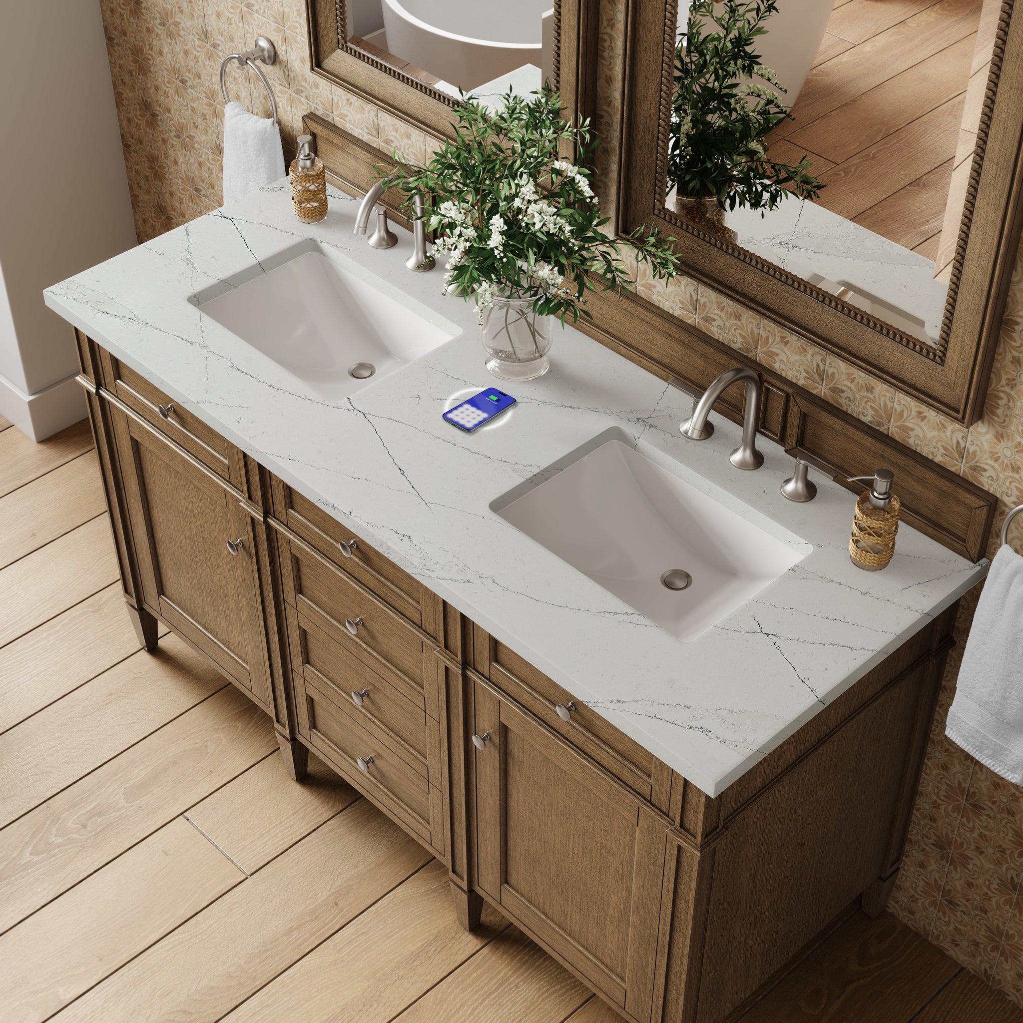James Martin Brittany 60" Double Bathroom Vanity, Saddle Brown with Ethereal Noctis (FreePower) countertop