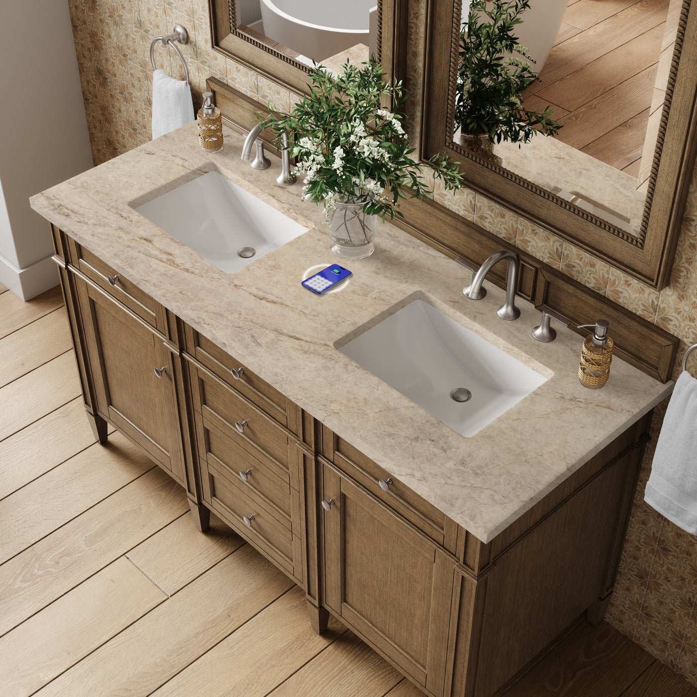 James Martin Brittany 60" Double Bathroom Vanity, Saddle Brown with Tajnar (FreePower) countertop