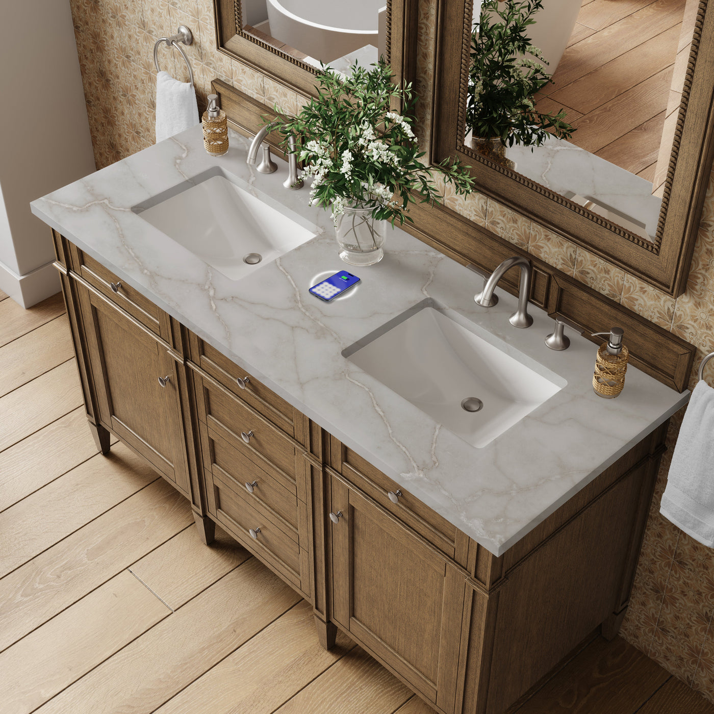 James Martin Brittany 60" Double Bathroom Vanity, Saddle Brown with Victorian Silver (FreePower) countertop