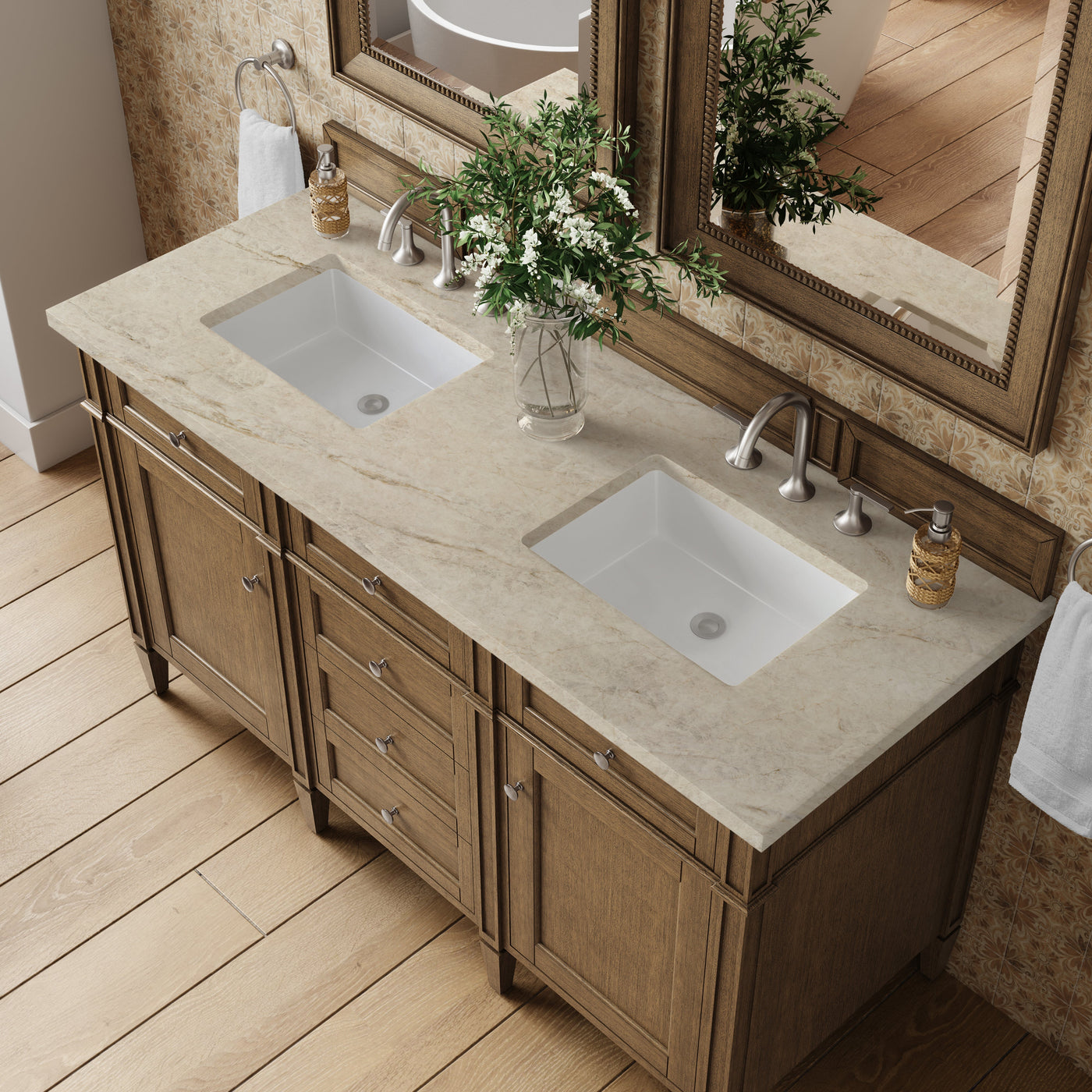 James Martin Brittany 60" Double Bathroom Vanity, Saddle Brown with Tajnar countertop