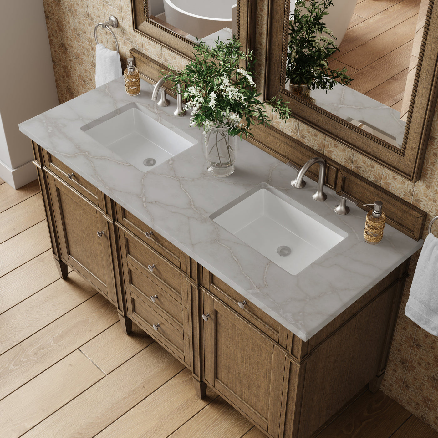 James Martin Brittany 60" Double Bathroom Vanity, Saddle Brown with Victorian Silver countertop