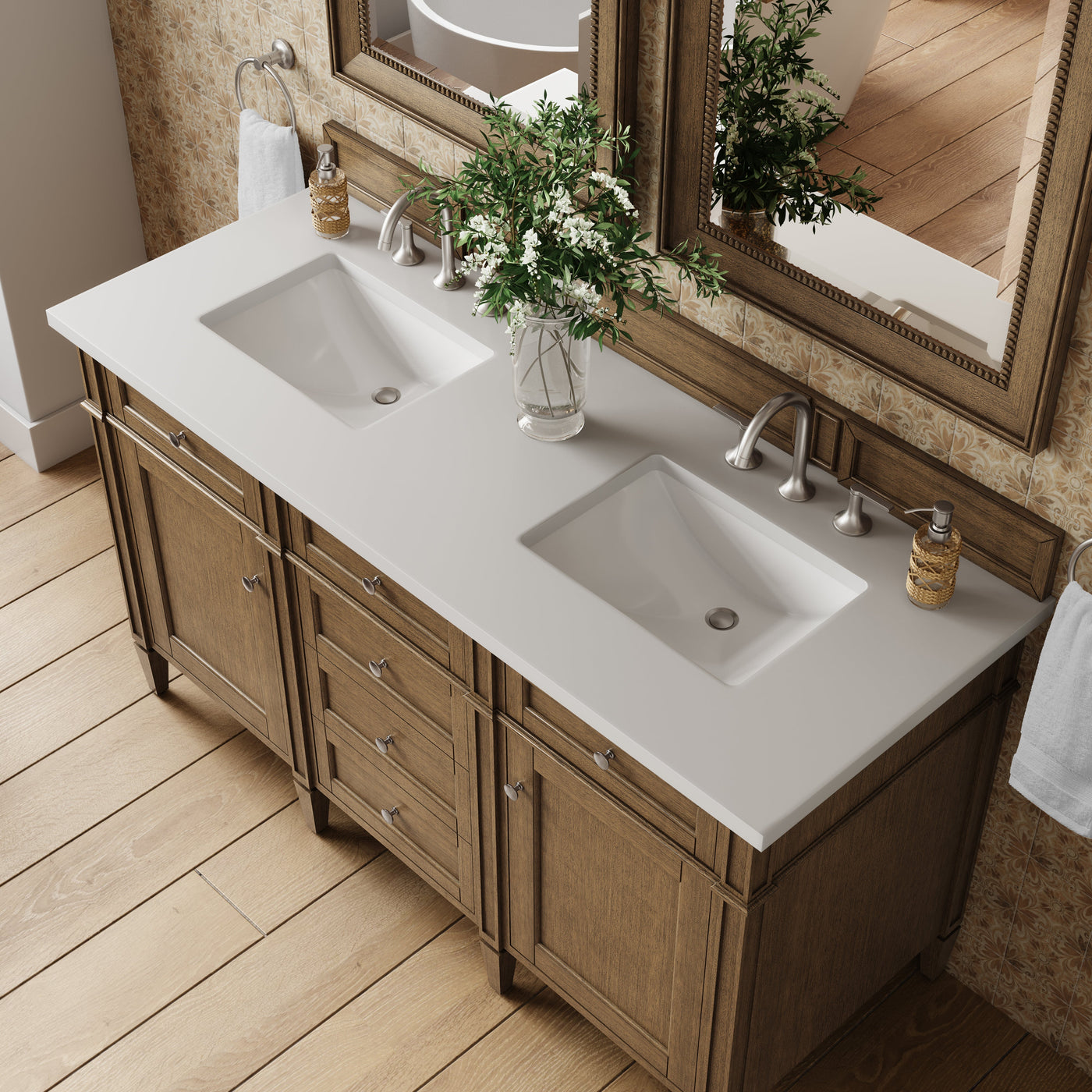 James Martin Brittany 60" Double Bathroom Vanity, Saddle Brown with White Zeus countertop