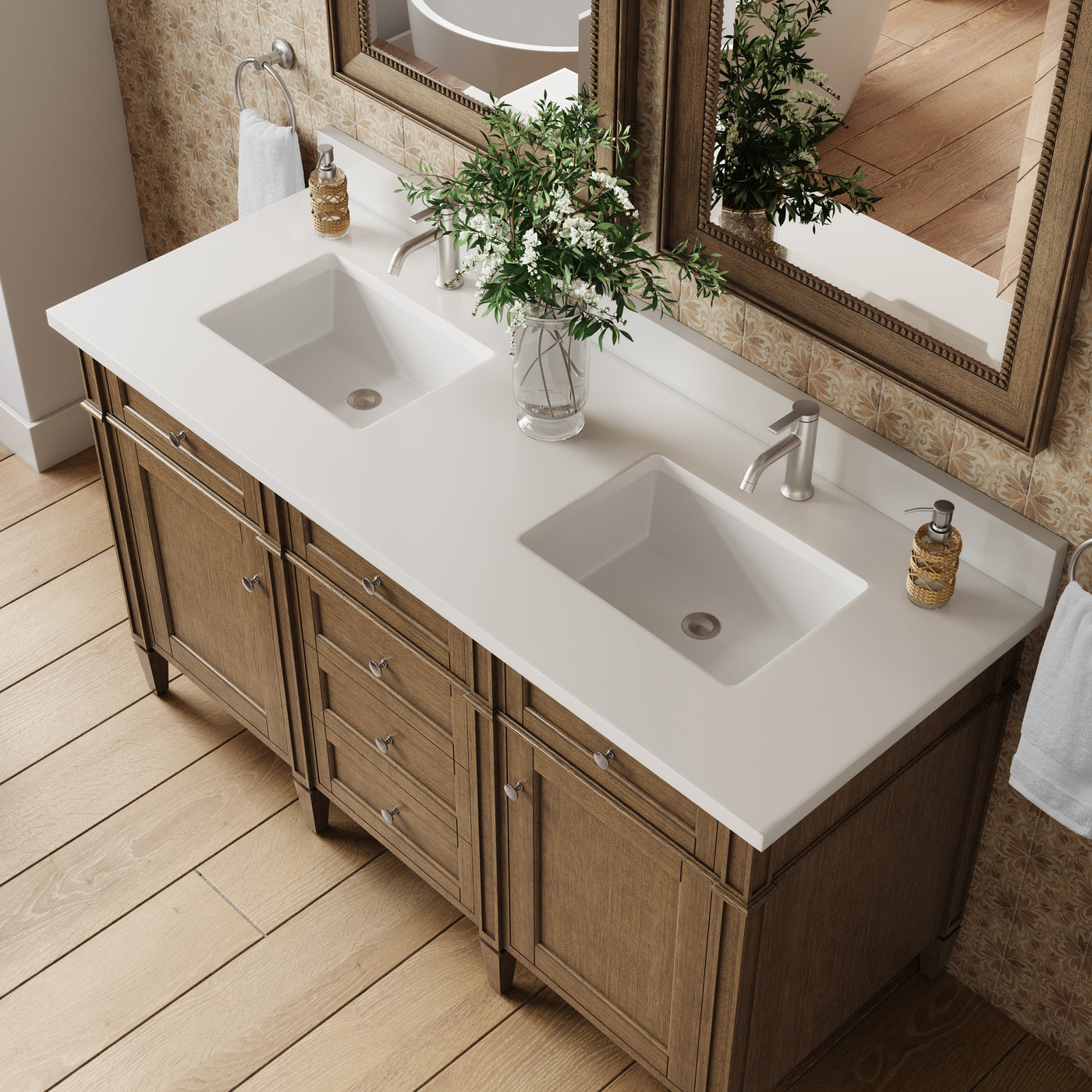 James Martin Brittany 60" Double Bathroom Vanity, Saddle Brown with White Zeus (Single Hole, with Backsplash) countertop