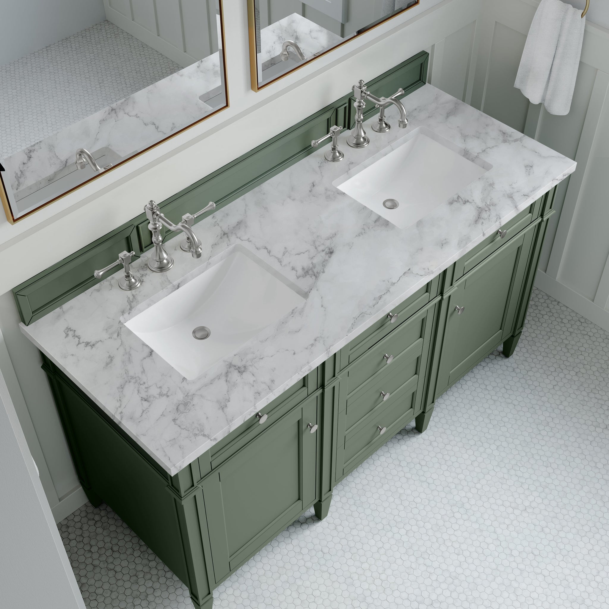 James Martin Brittany 60" Double Bathroom Vanity, Smokey Celadon with Carrara White countertop