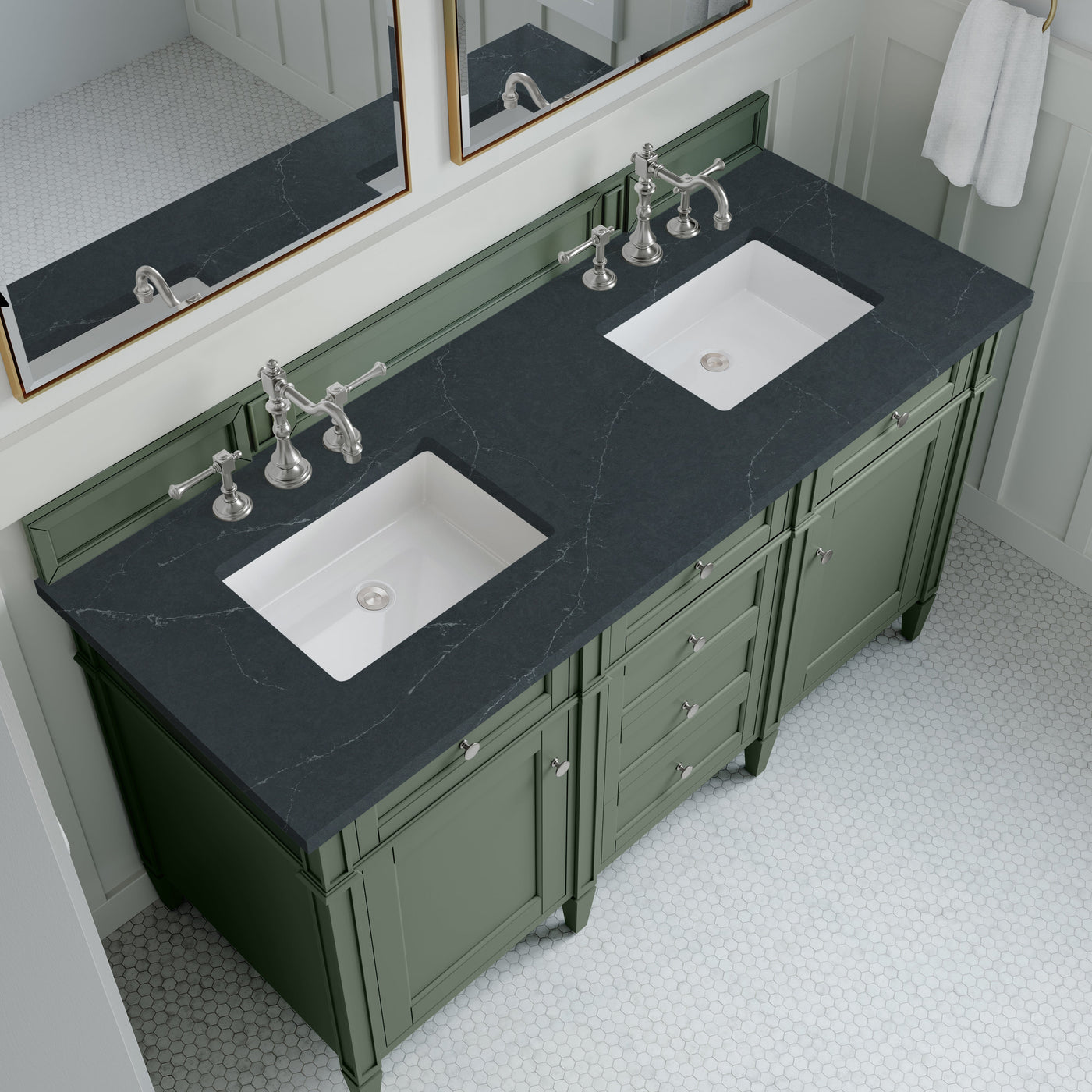 James Martin Brittany 60" Double Bathroom Vanity, Smokey Celadon with Charcoal Soapstone countertop