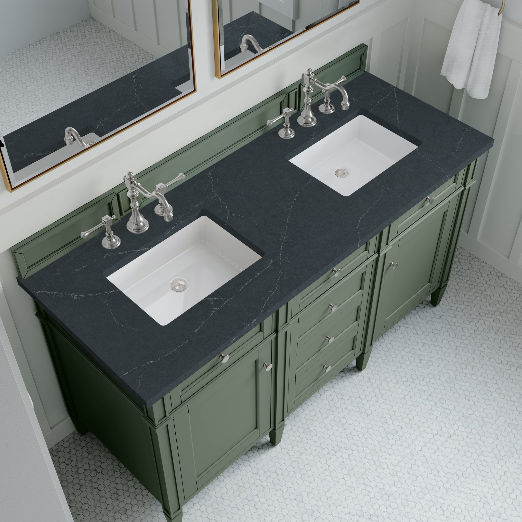 James Martin Brittany 60" Double Bathroom Vanity, Smokey Celadon with Charcoal Soapstone countertop