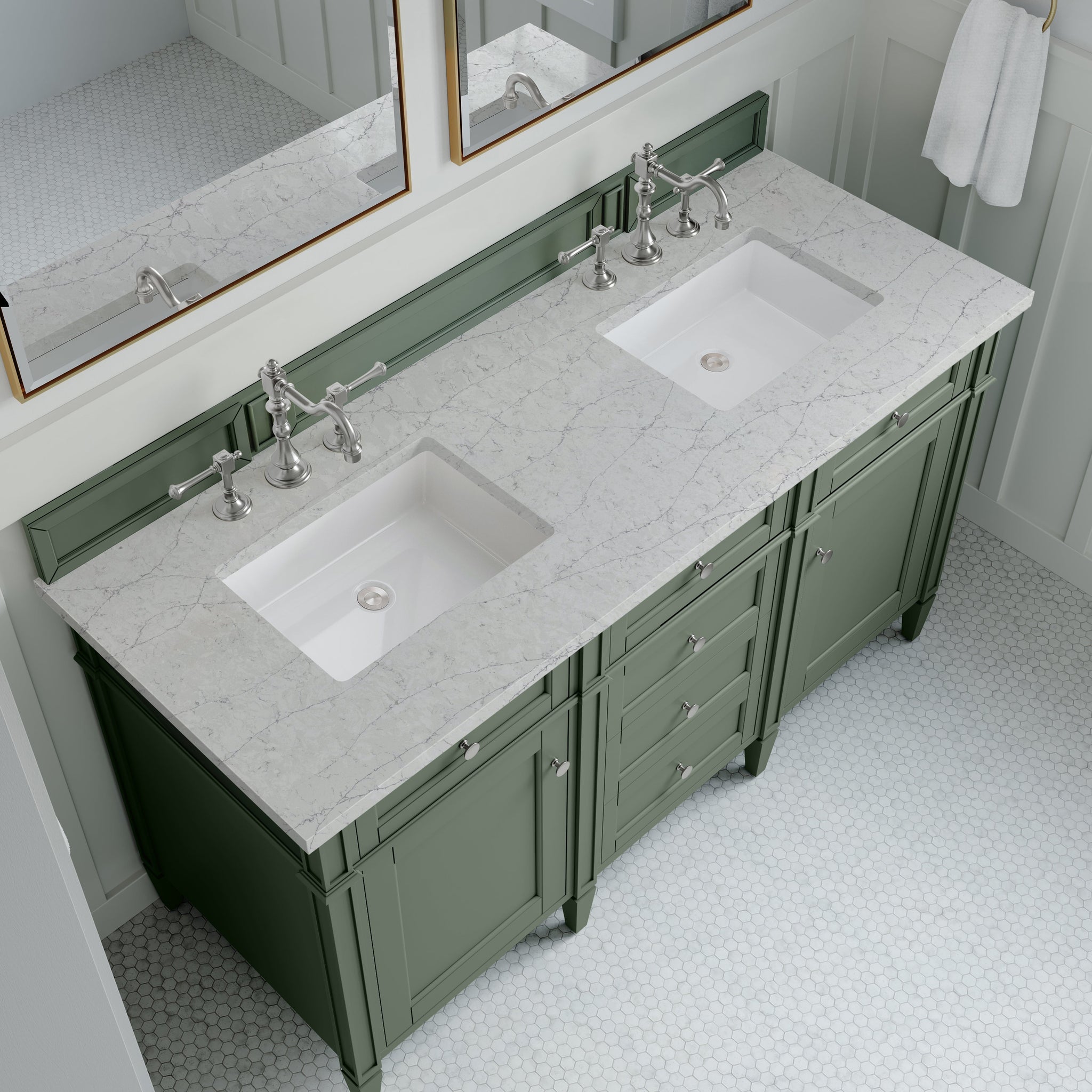 James Martin Brittany 60" Double Bathroom Vanity, Smokey Celadon with Eternal Jasmine Pearl countertop
