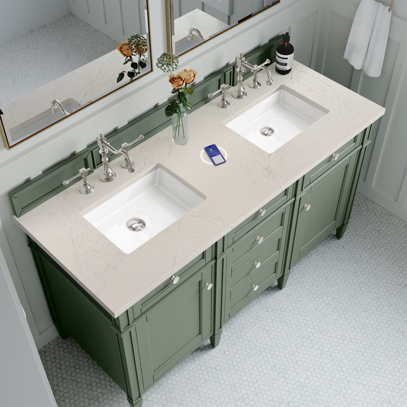 James Martin Brittany 60" Double Bathroom Vanity, Smokey Celadon with Siberian (FreePower) countertop