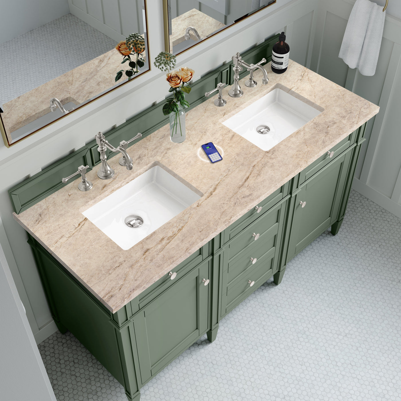 James Martin Brittany 60" Double Bathroom Vanity, Smokey Celadon with Tajnar (FreePower) countertop