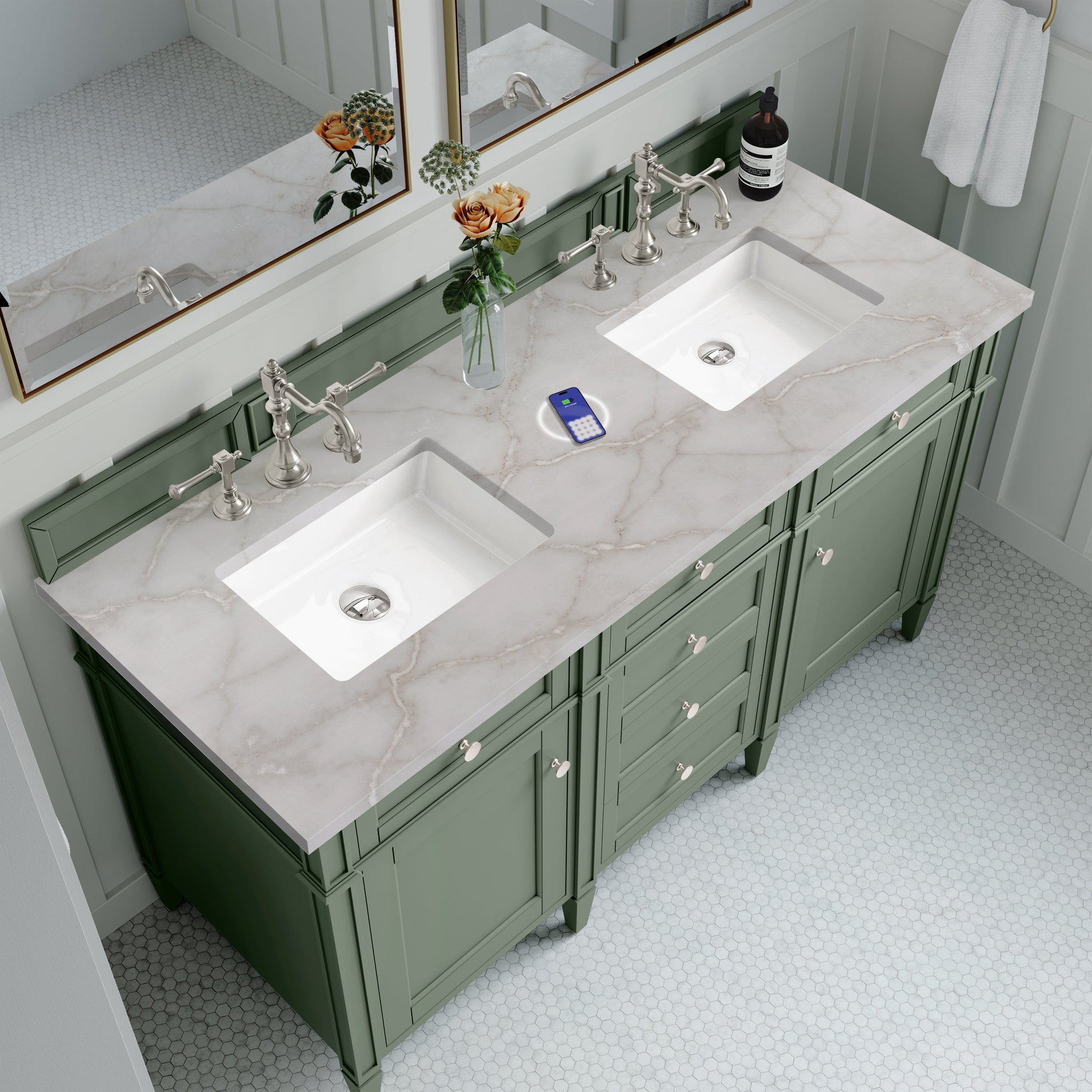 James Martin Brittany 60" Double Bathroom Vanity, Smokey Celadon with Victorian Silver (FreePower) countertop