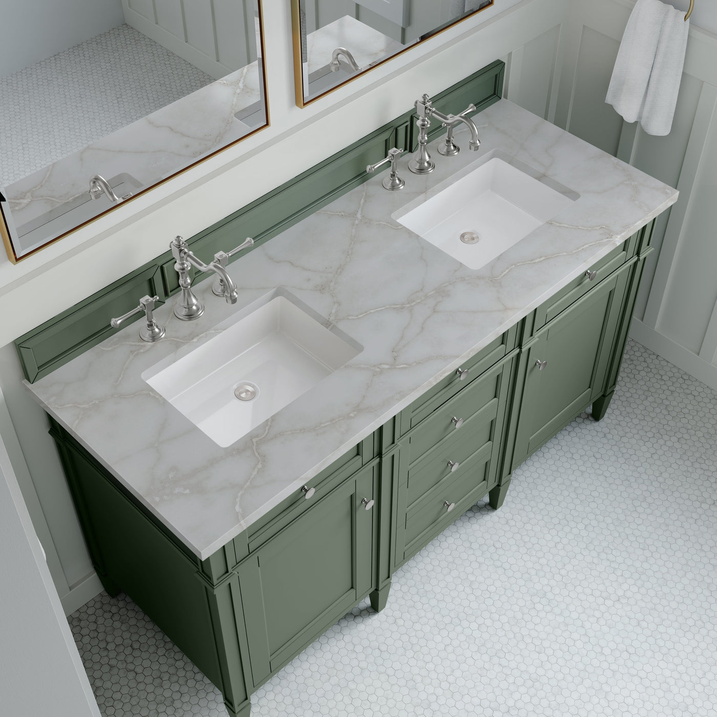 James Martin Brittany 60" Double Bathroom Vanity, Smokey Celadon with Victorian Silver countertop
