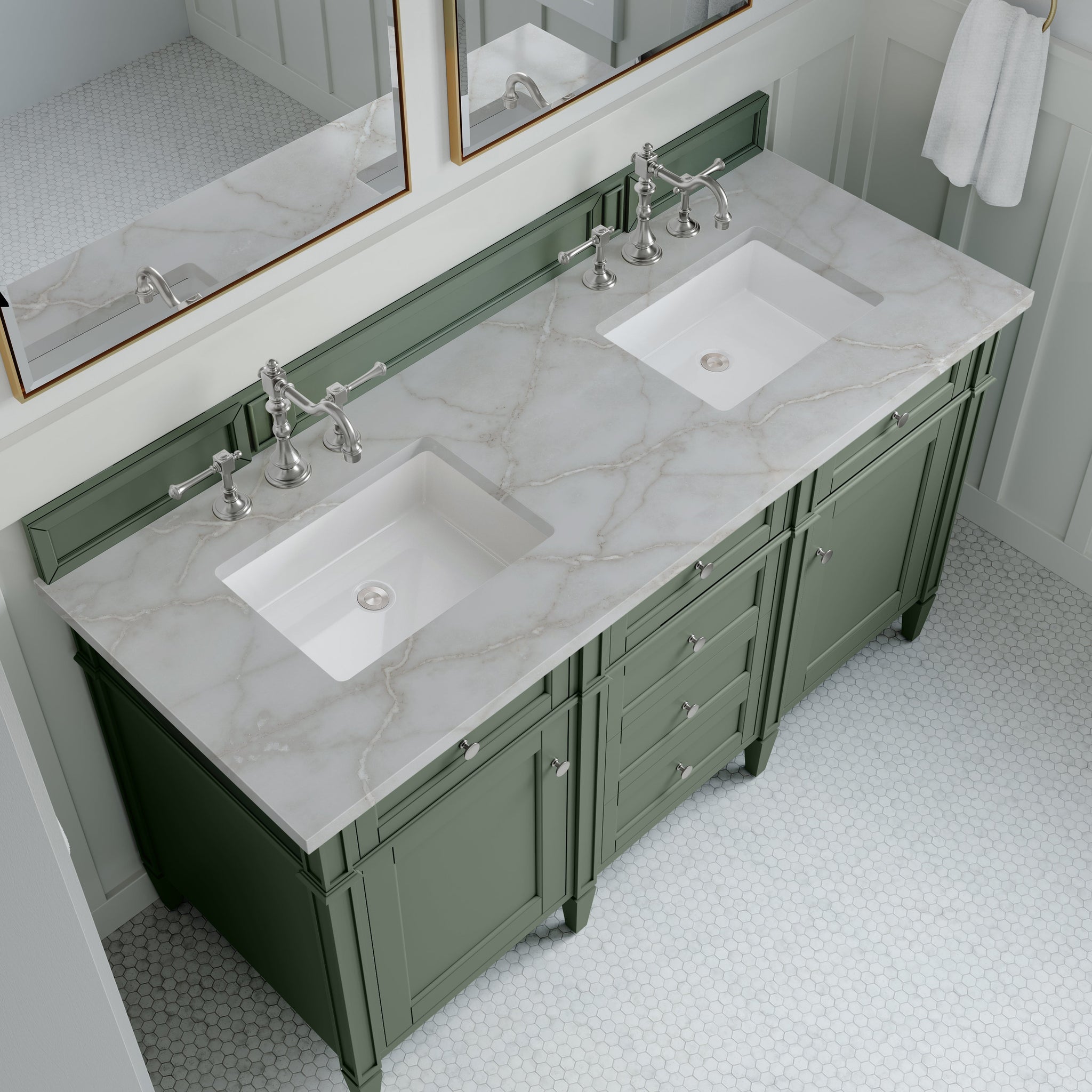 James Martin Brittany 60" Double Bathroom Vanity, Smokey Celadon with Victorian Silver countertop