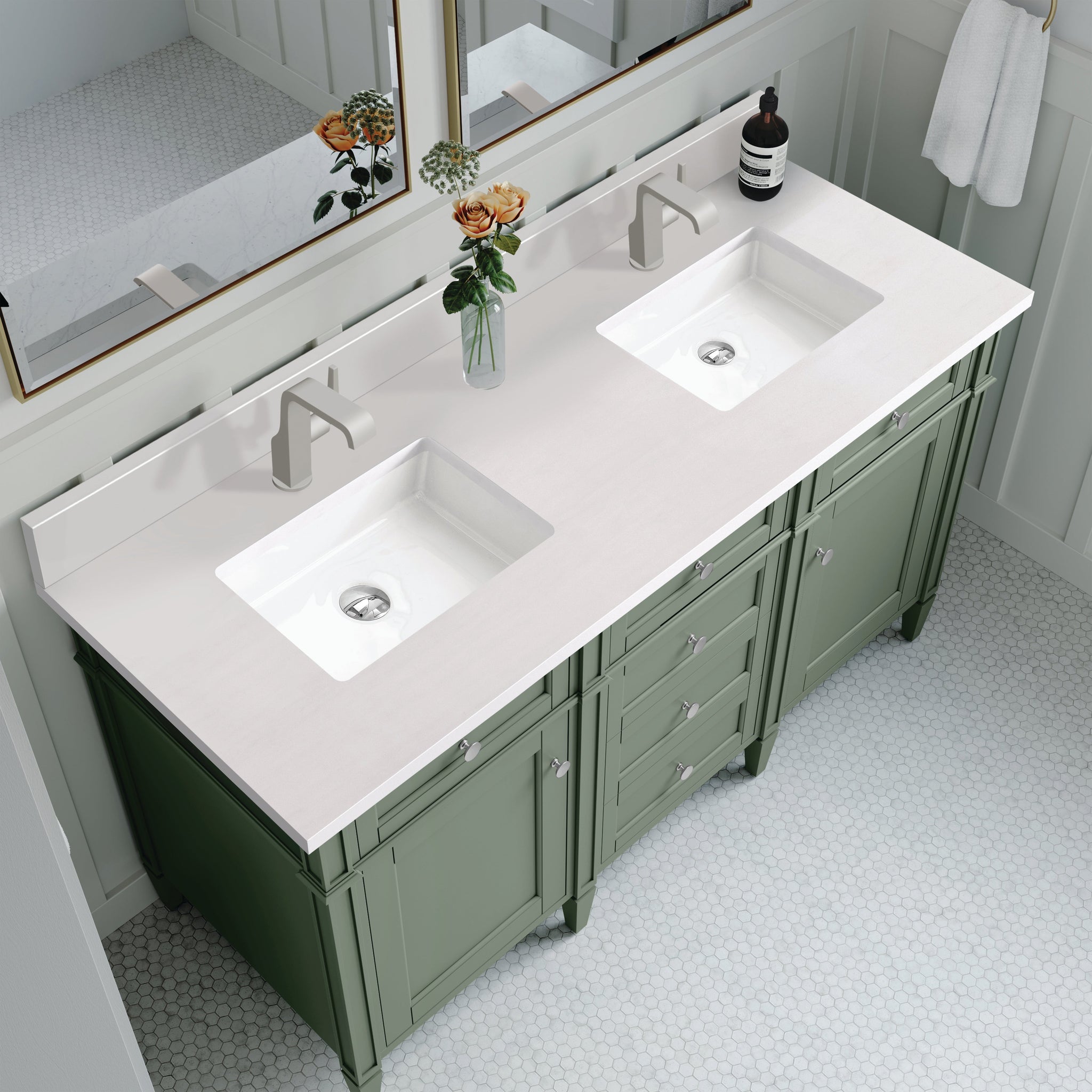 James Martin Brittany 60" Double Bathroom Vanity, Smokey Celadon with White Zeus (Single Hole, with Backsplash) countertop