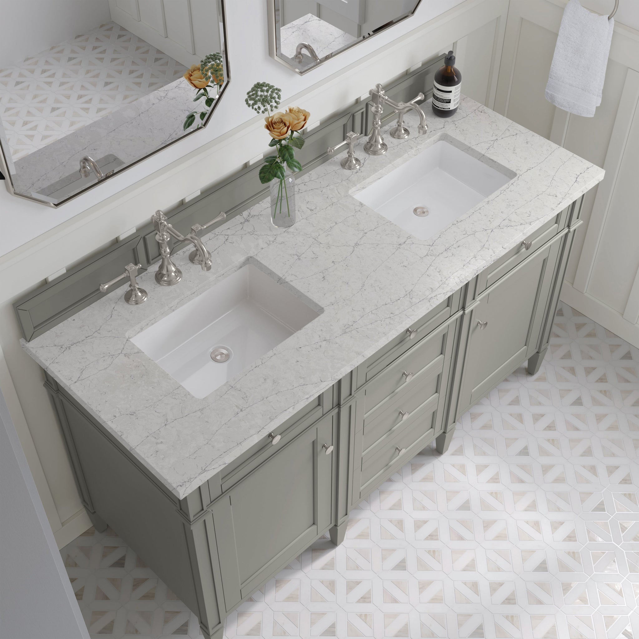 James Martin Brittany 60" Double Bathroom Vanity, Urban Gray with Eternal Jasmine Pearl countertop
