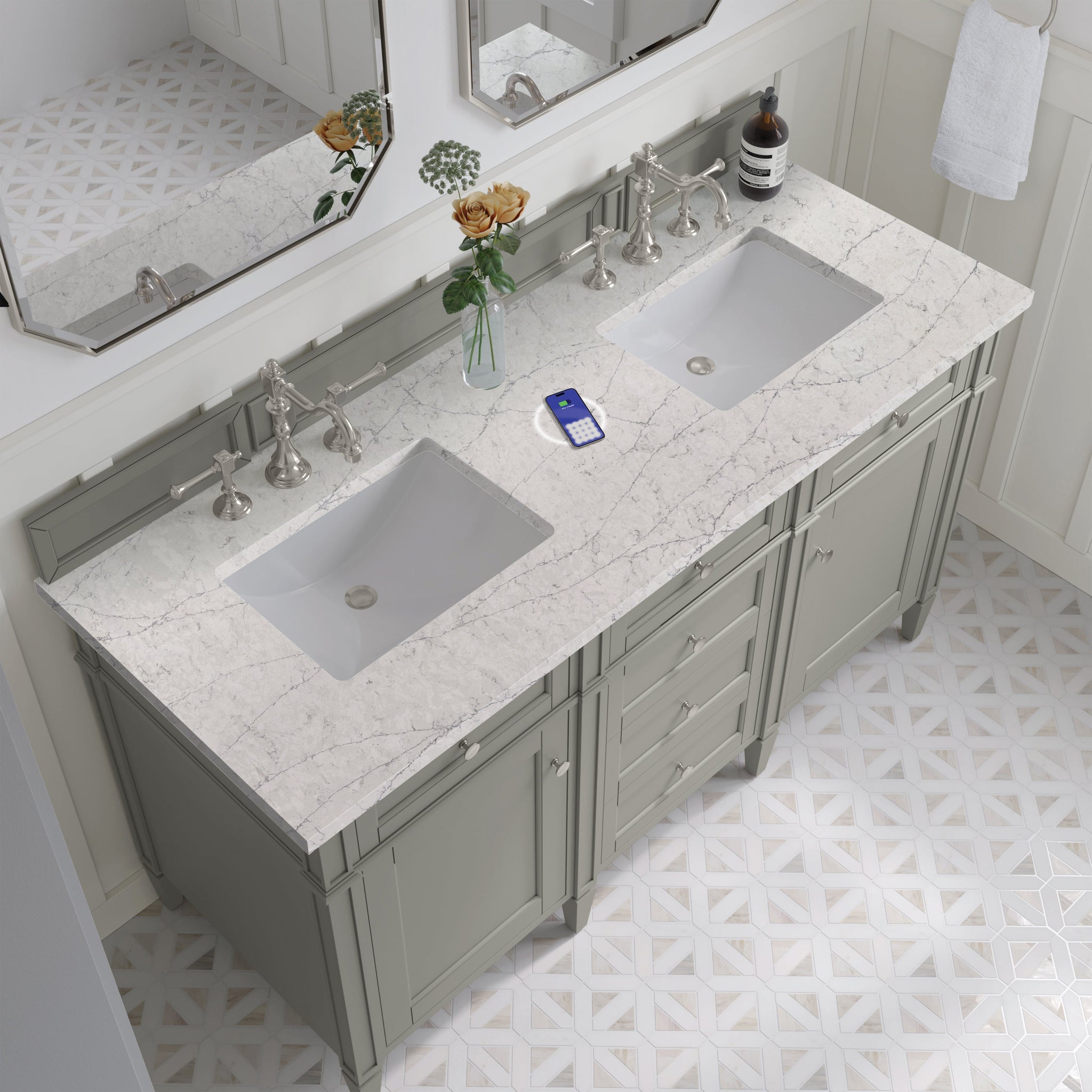 James Martin Brittany 60" Double Bathroom Vanity, Urban Gray with Eternal Jasmine Pearl (FreePower) countertop