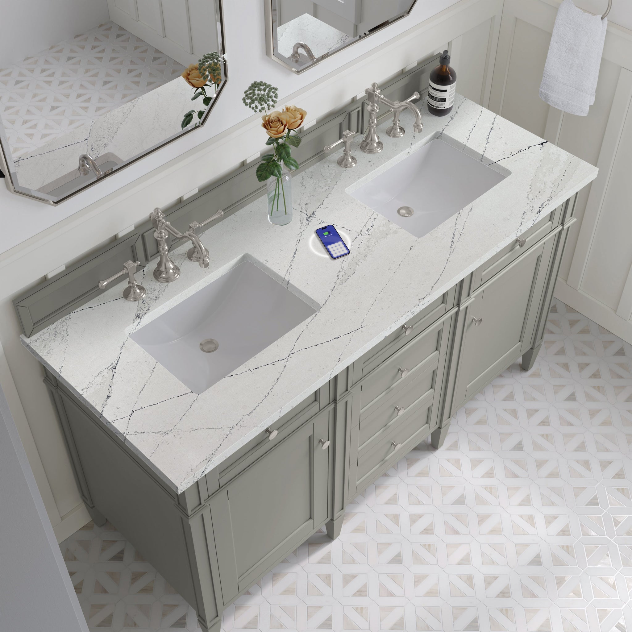 James Martin Brittany 60" Double Bathroom Vanity, Urban Gray with Ethereal Noctis (FreePower) countertop