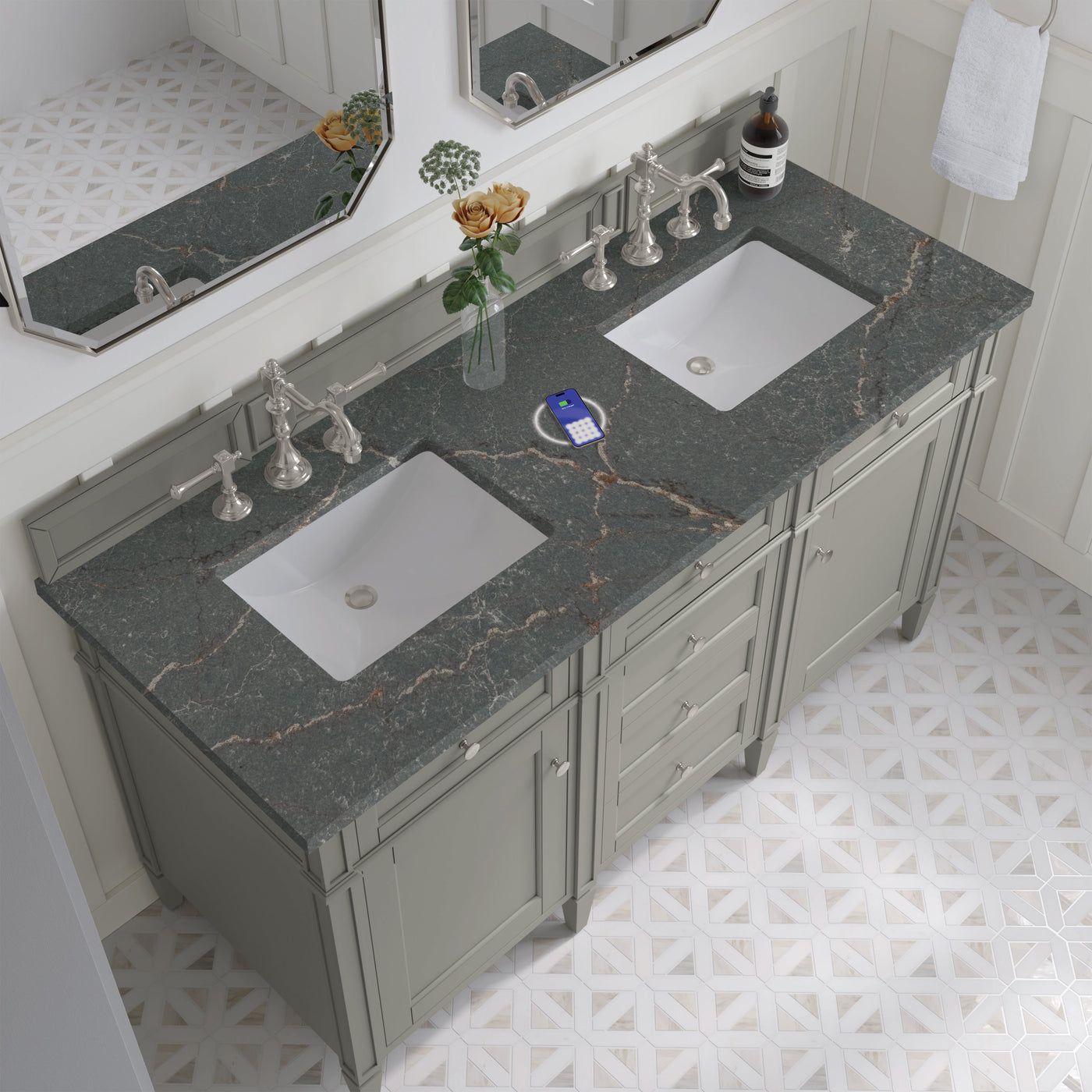 James Martin Brittany 60" Double Bathroom Vanity, Urban Gray with Parisien Bleu (FreePower) countertop