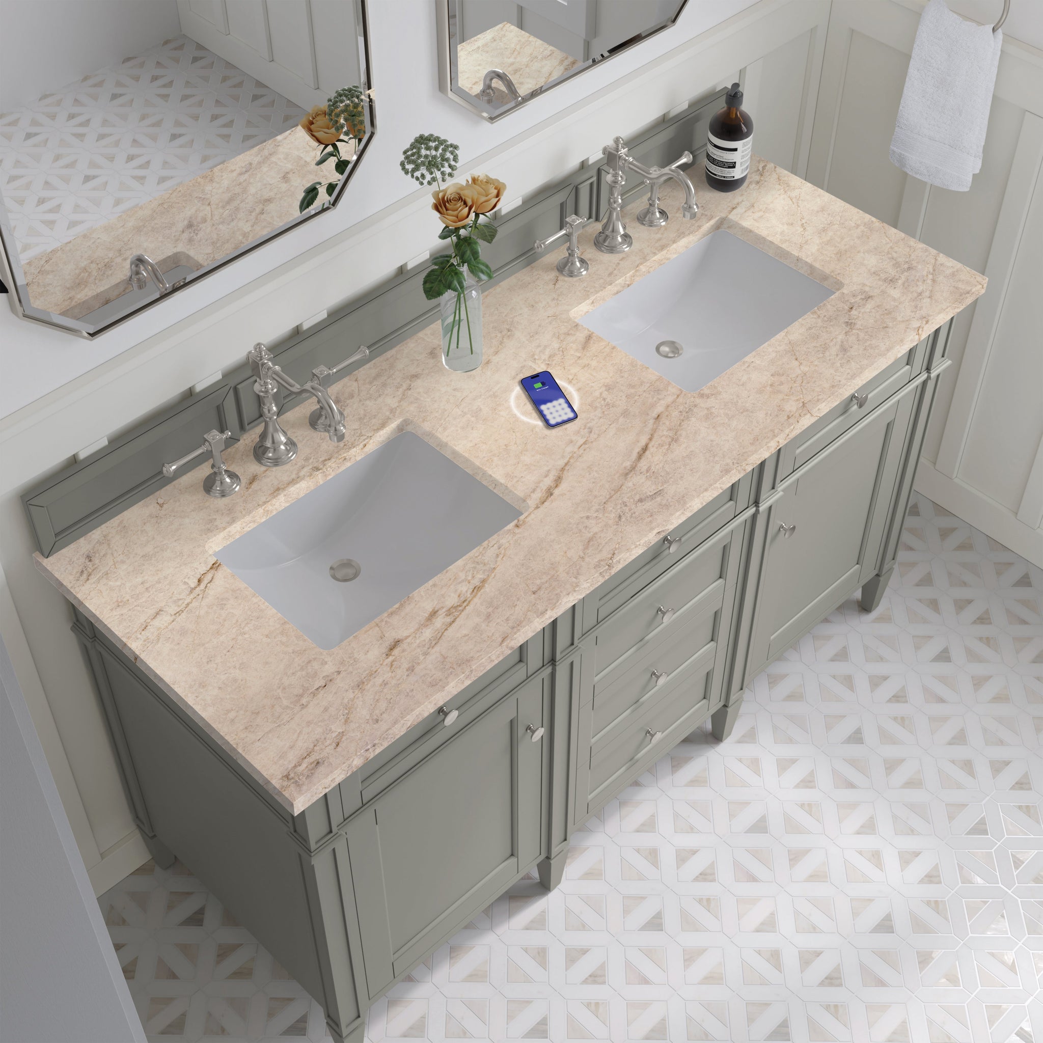 James Martin Brittany 60" Double Bathroom Vanity, Urban Gray with Tajnar (FreePower) countertop
