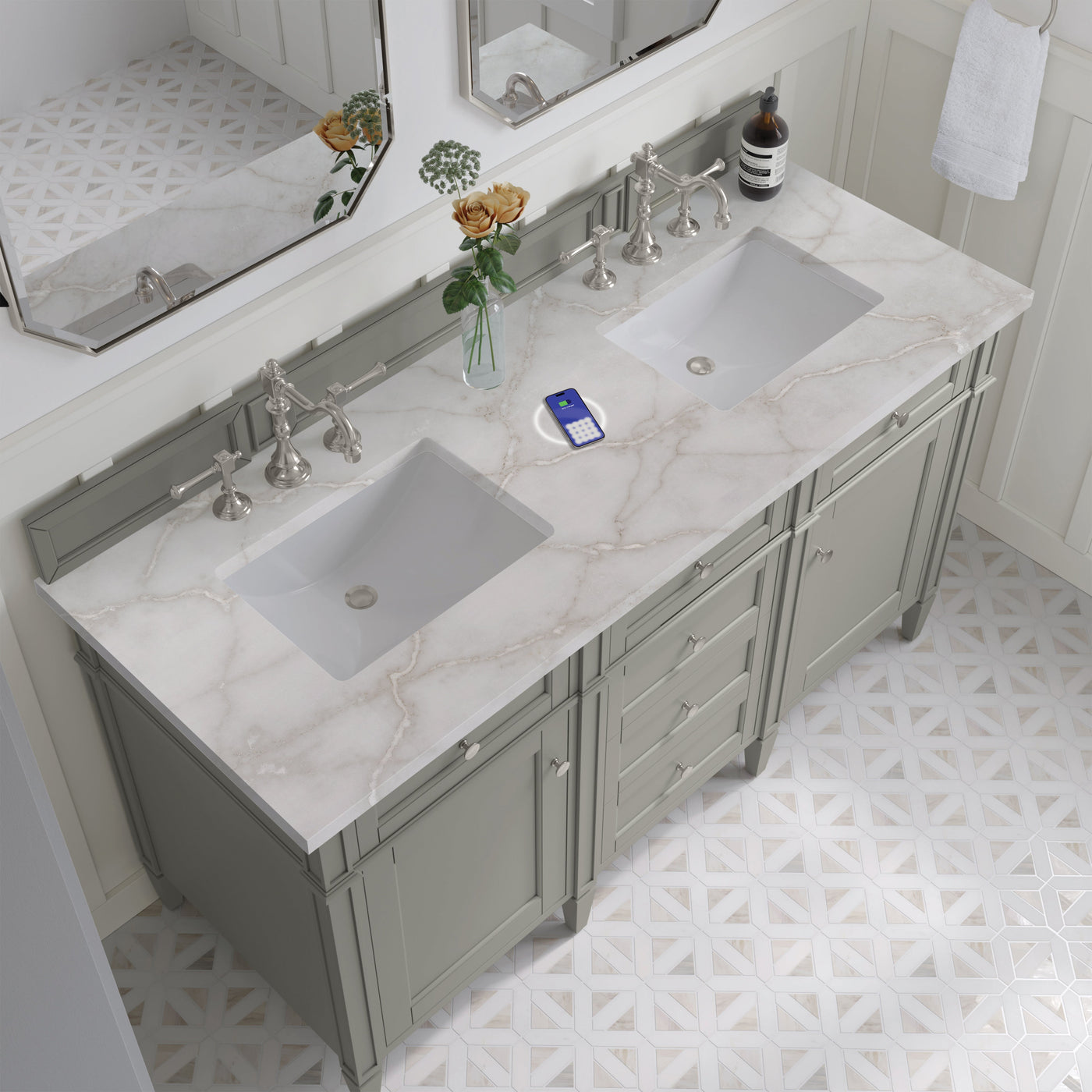 James Martin Brittany 60" Double Bathroom Vanity, Urban Gray with Victorian Silver (FreePower) countertop