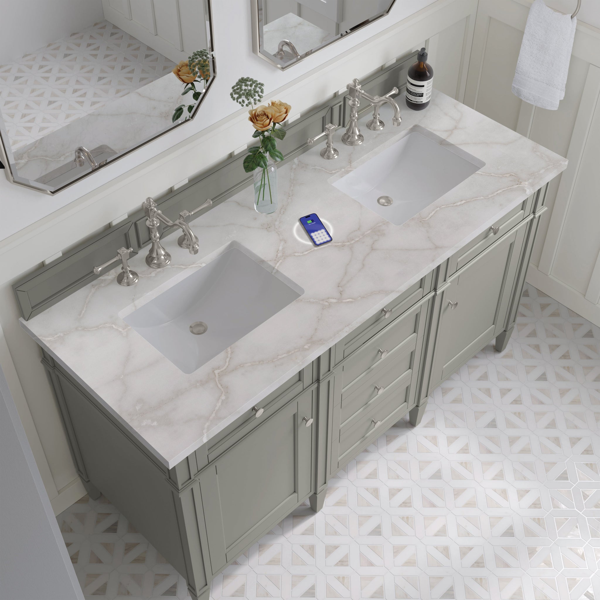 James Martin Brittany 60" Double Bathroom Vanity, Urban Gray with Victorian Silver (FreePower) countertop