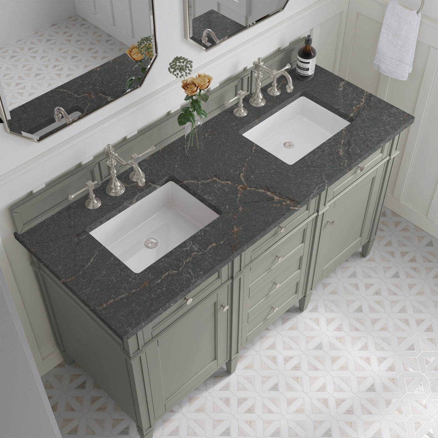 James Martin Brittany 60" Double Bathroom Vanity, Urban Gray with Parisien Bleu countertop